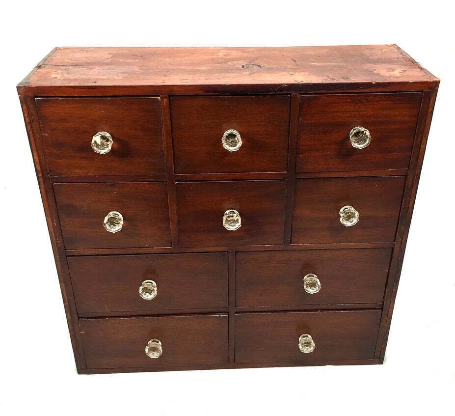 Antique Tabletop Victorian Apothecary Shop Chest Of Drawers Cabinet Glass Handle photo furniture