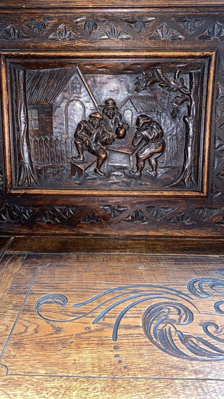 French Carved Oak Settle Renaissance Revival Hall Monks Bench With Lion Masks C.1860 photo vintage