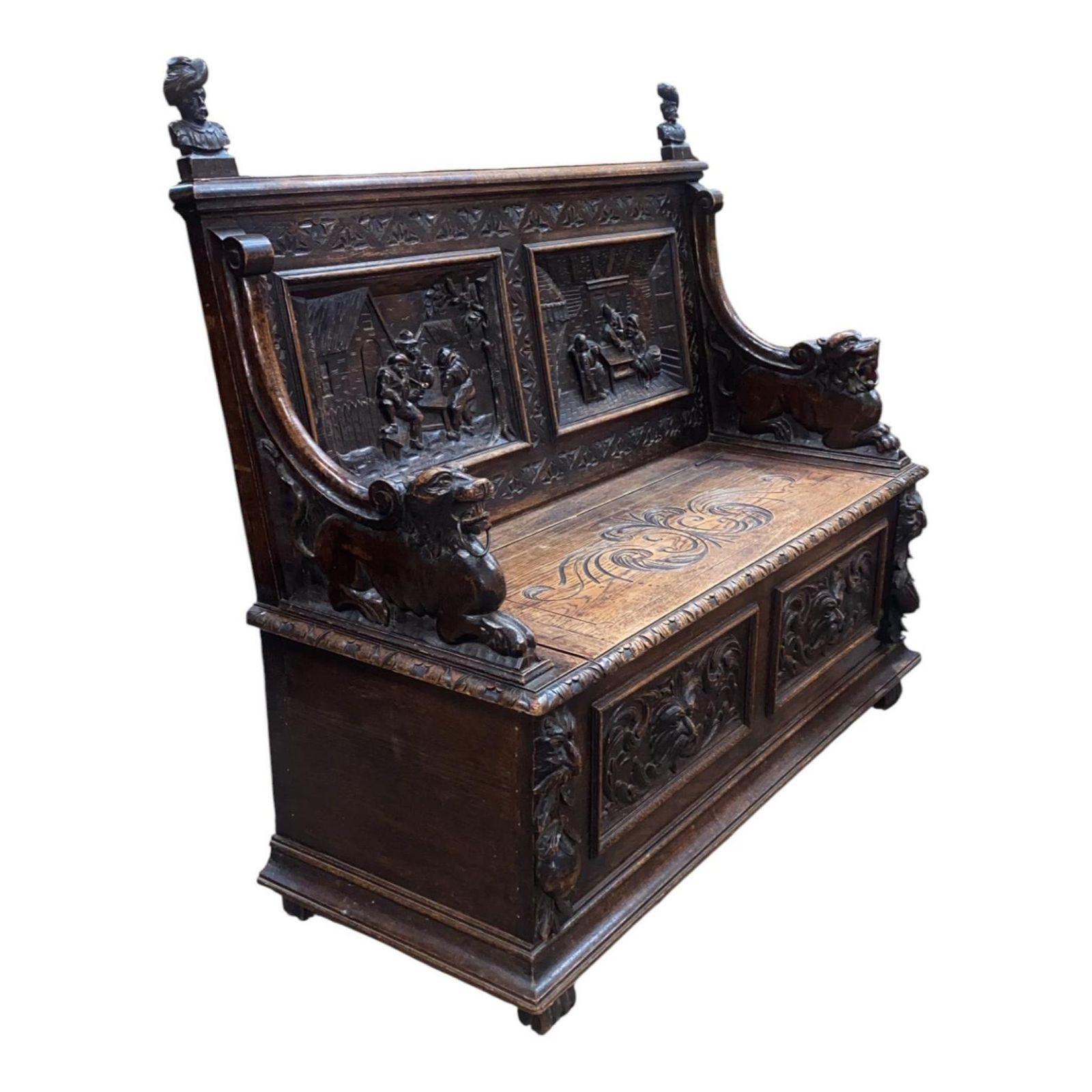 photo for sale French Carved Oak Settle Renaissance Revival Hall Monks Bench With Lion Masks C.1860