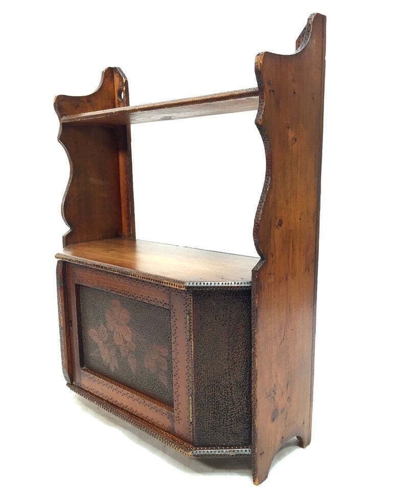 Antique Wooden Poker Work Wall Hanging / Tabletop Shelf / Cabinet / Box photo furniture