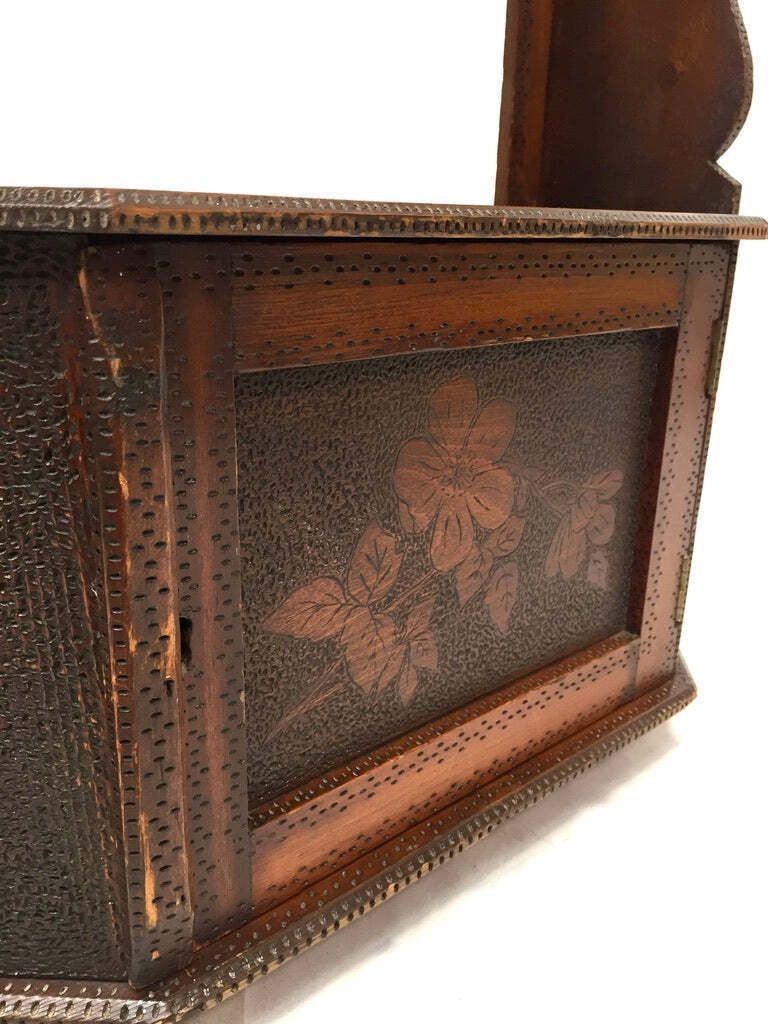 photo for sale Antique Wooden Poker Work Wall Hanging / Tabletop Shelf / Cabinet / Box