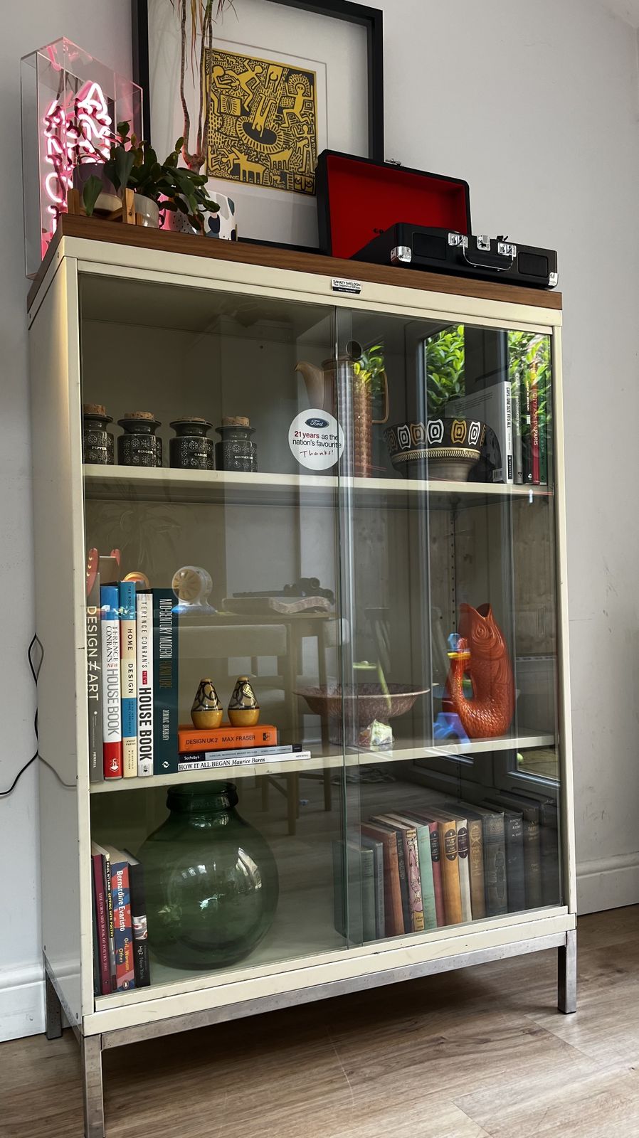 photo vinterior Mid Century Ford Sankey Sheldon Glazed Steel Bookcase Cabinet Industrial