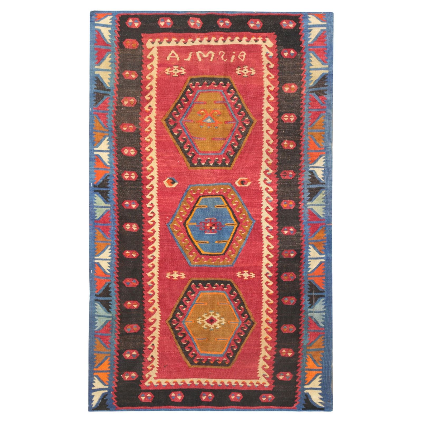 Antiek Turks kilimkleed rood multicolour tribaal medaillon flatweave tapijt 1940