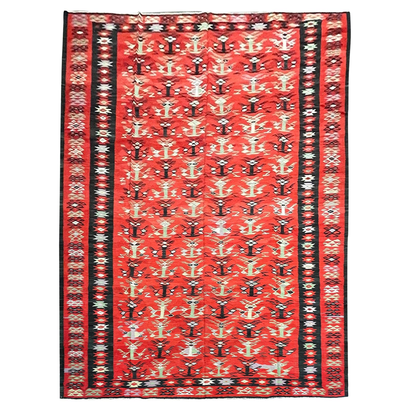 Antique Kilim Rug Turkish Handmade Carpet Flatwoven Red Geometric Rug