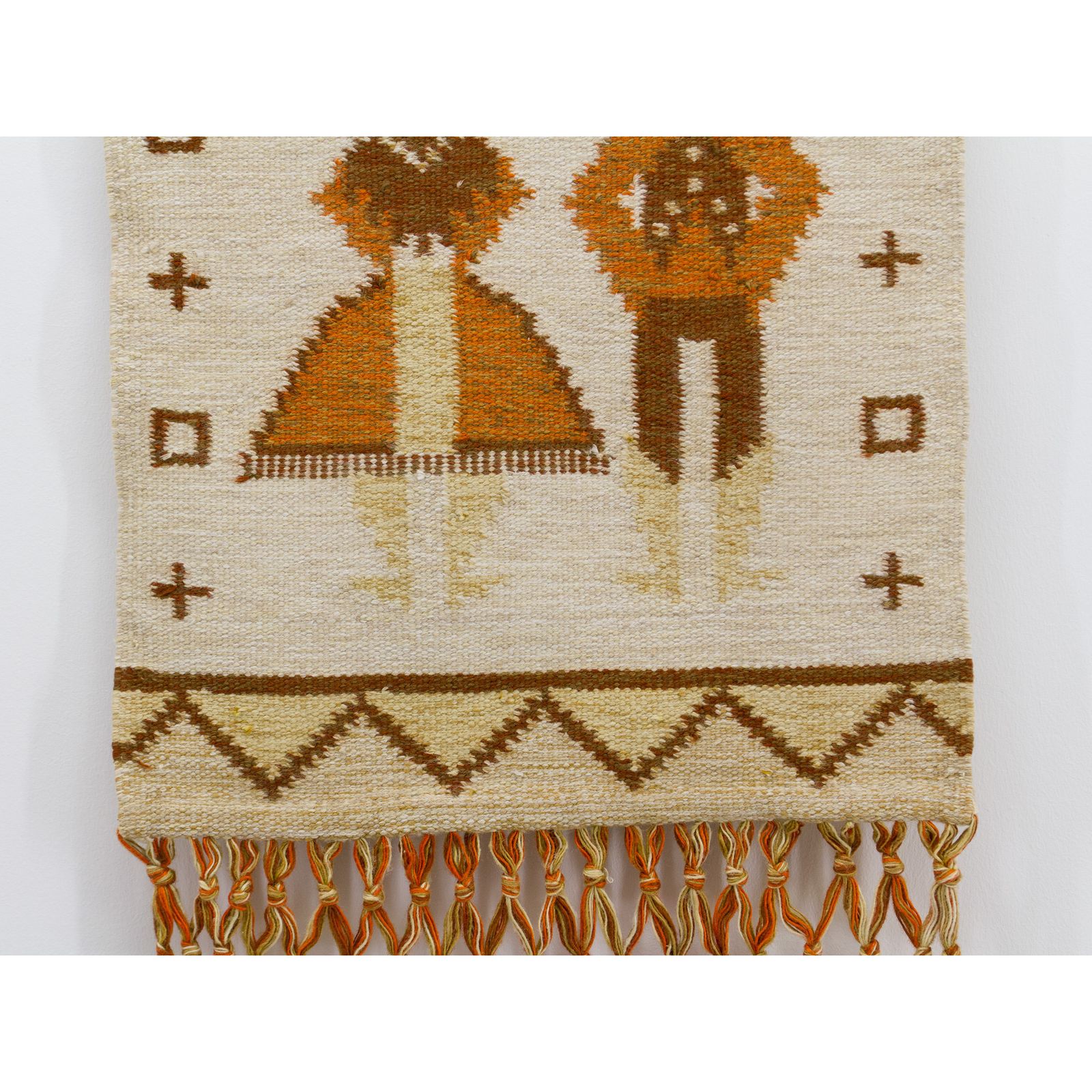 Handwoven Wool Tapestry With Long Fringe And Geometric Folk Art, Vintage 1970s photo vinterior