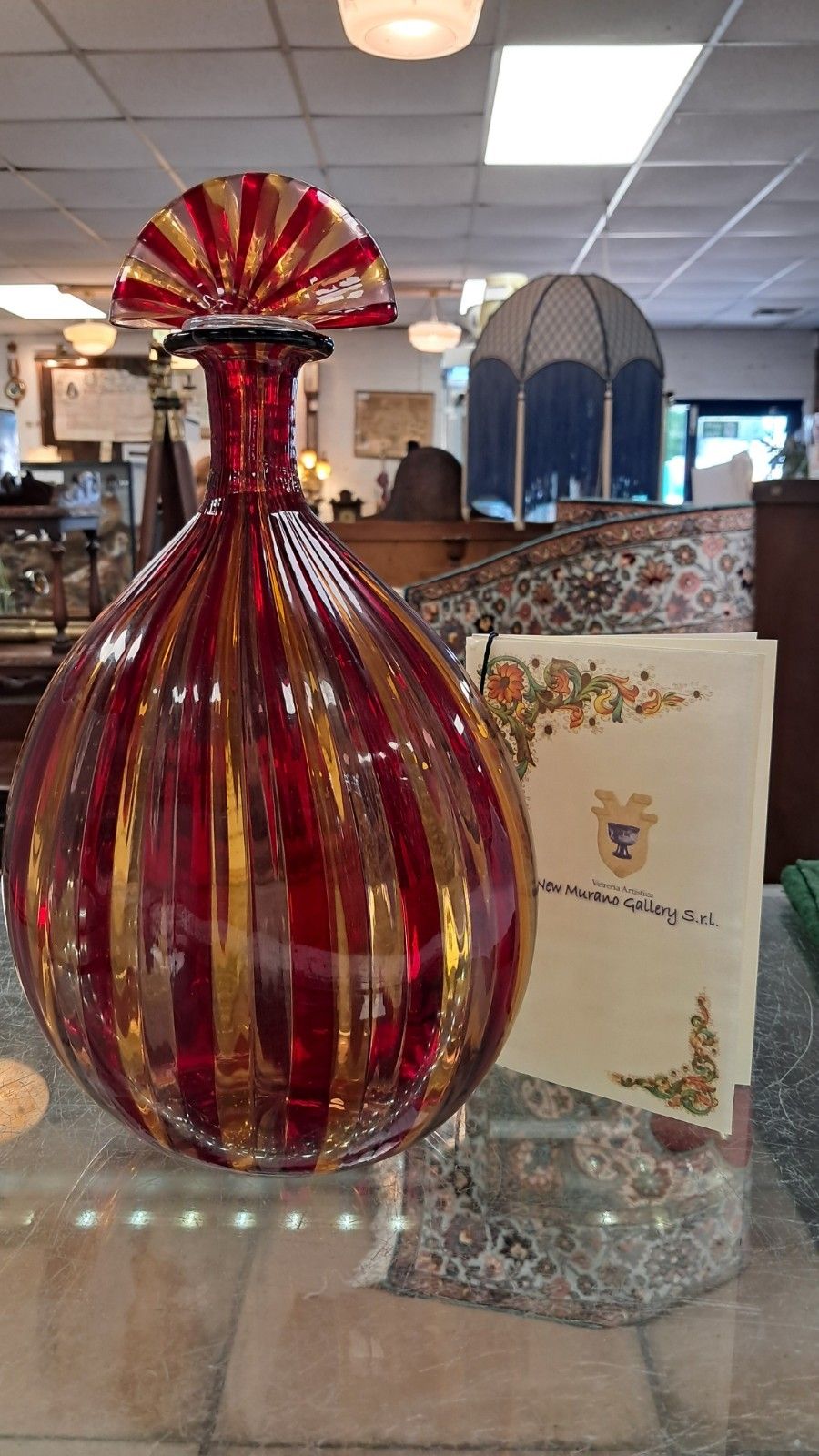 Stunning Murano Glass Samantha Red/ Yellow Ribboned Glass Decanter With Coa photo furniture