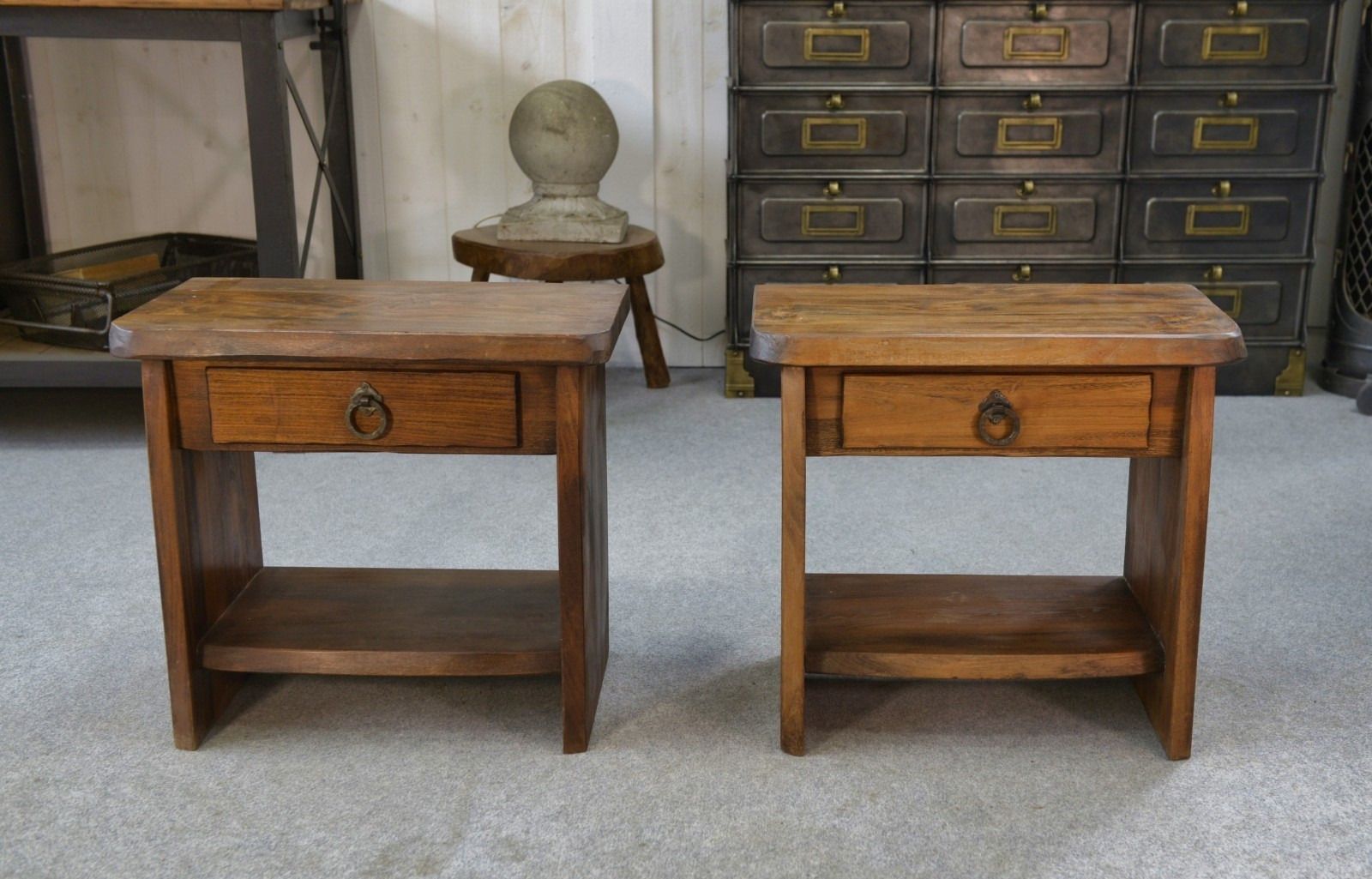 Pair Of Brutalist Solid Elm Bedsideboards By Aranjou 1960