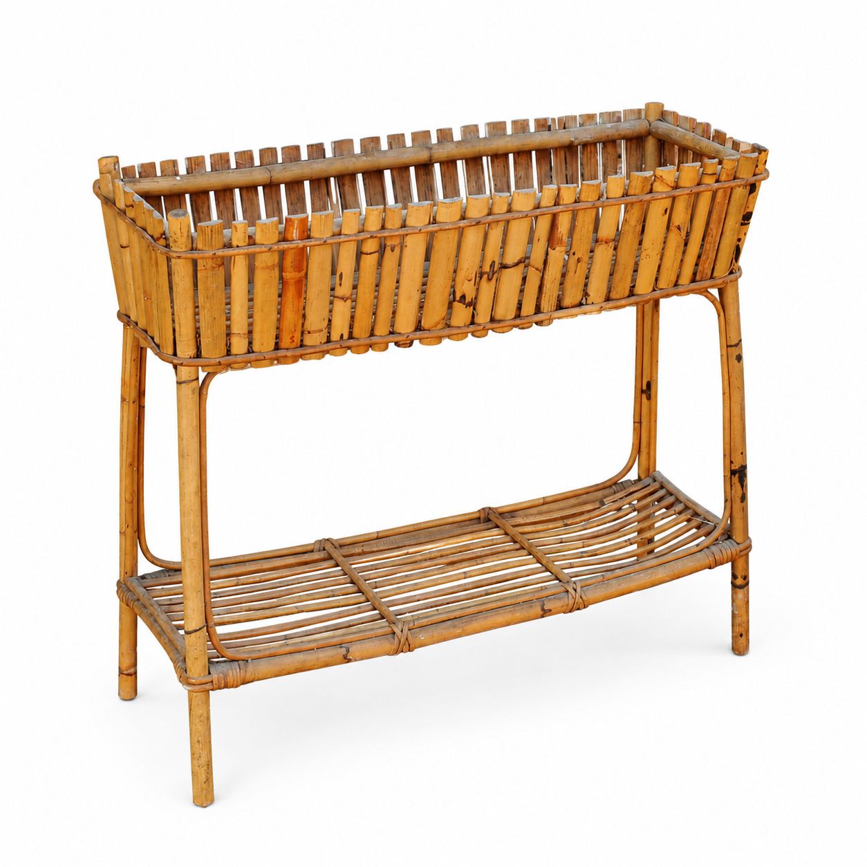 French Bamboo And Rattan Two Tier Jardinière Planter, 1960s
