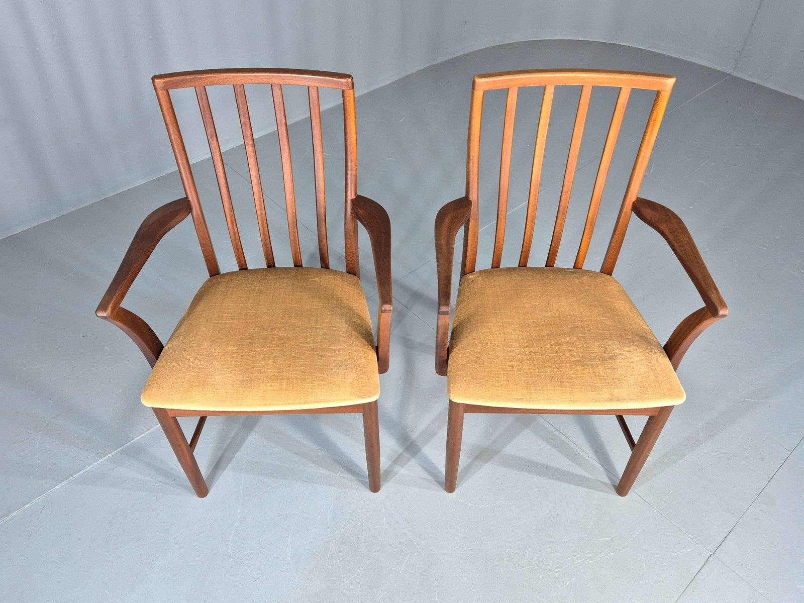 2 Vintage McIntosh Carver Dining Chairs Teak Frames Gold Velour Seats Eb12181 photo for sale