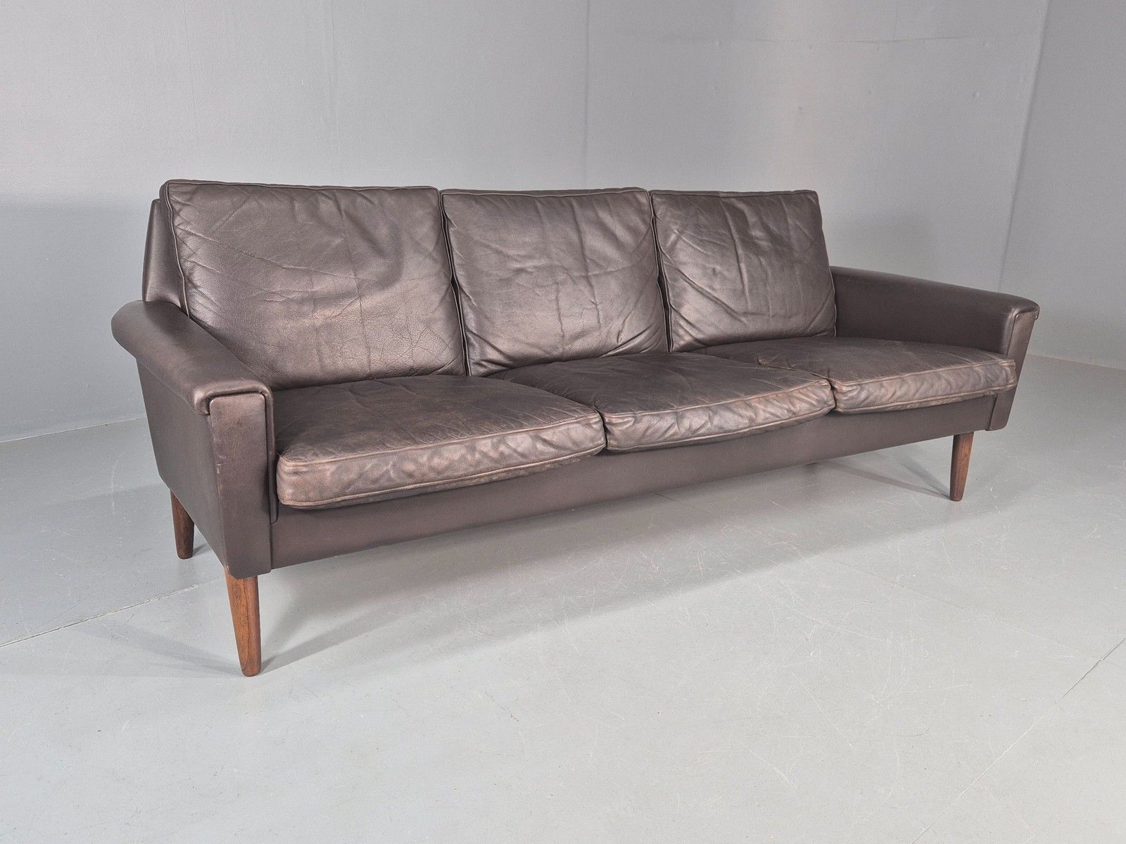 Vintage Mid Century 3 Seater Danish Brown Leather Sofa Retro 1960s Eb12261
