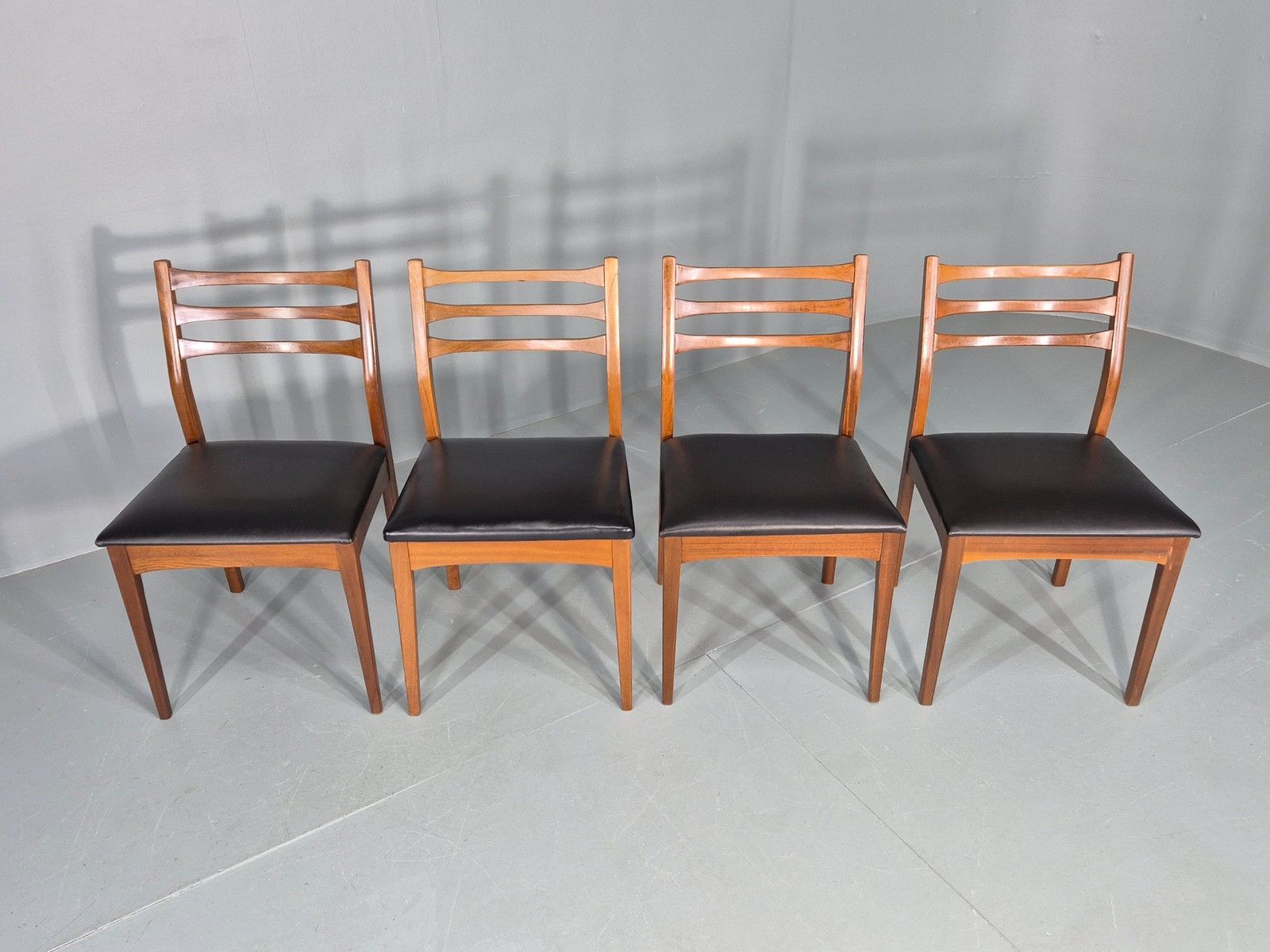4 Vintage Teak Dining Chairs 1960s Mid Century Retro Black Vinyl Eb12189 photo for sale