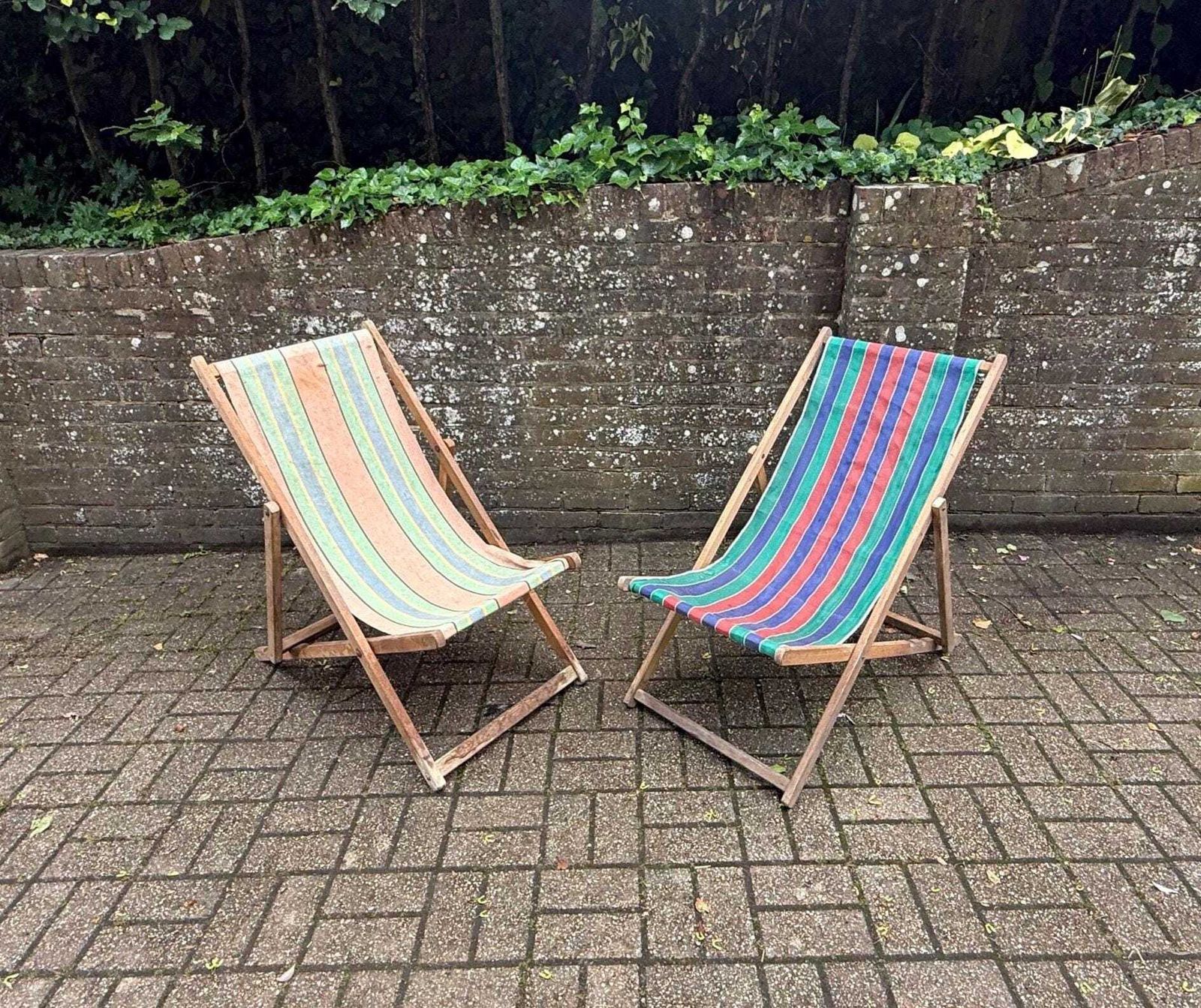 Pair Of Vintage British Wooden Deck Chairs Beach Chairs