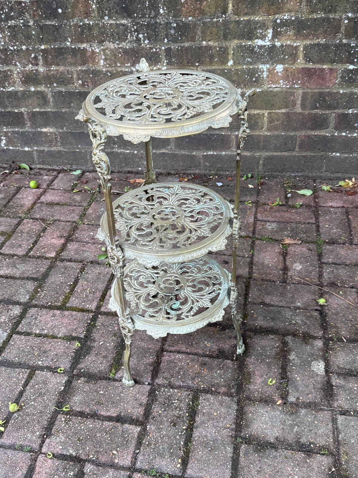 Authentic Victorian Ornate Brass Plant Stand Three Tier Display Stand photo for sale