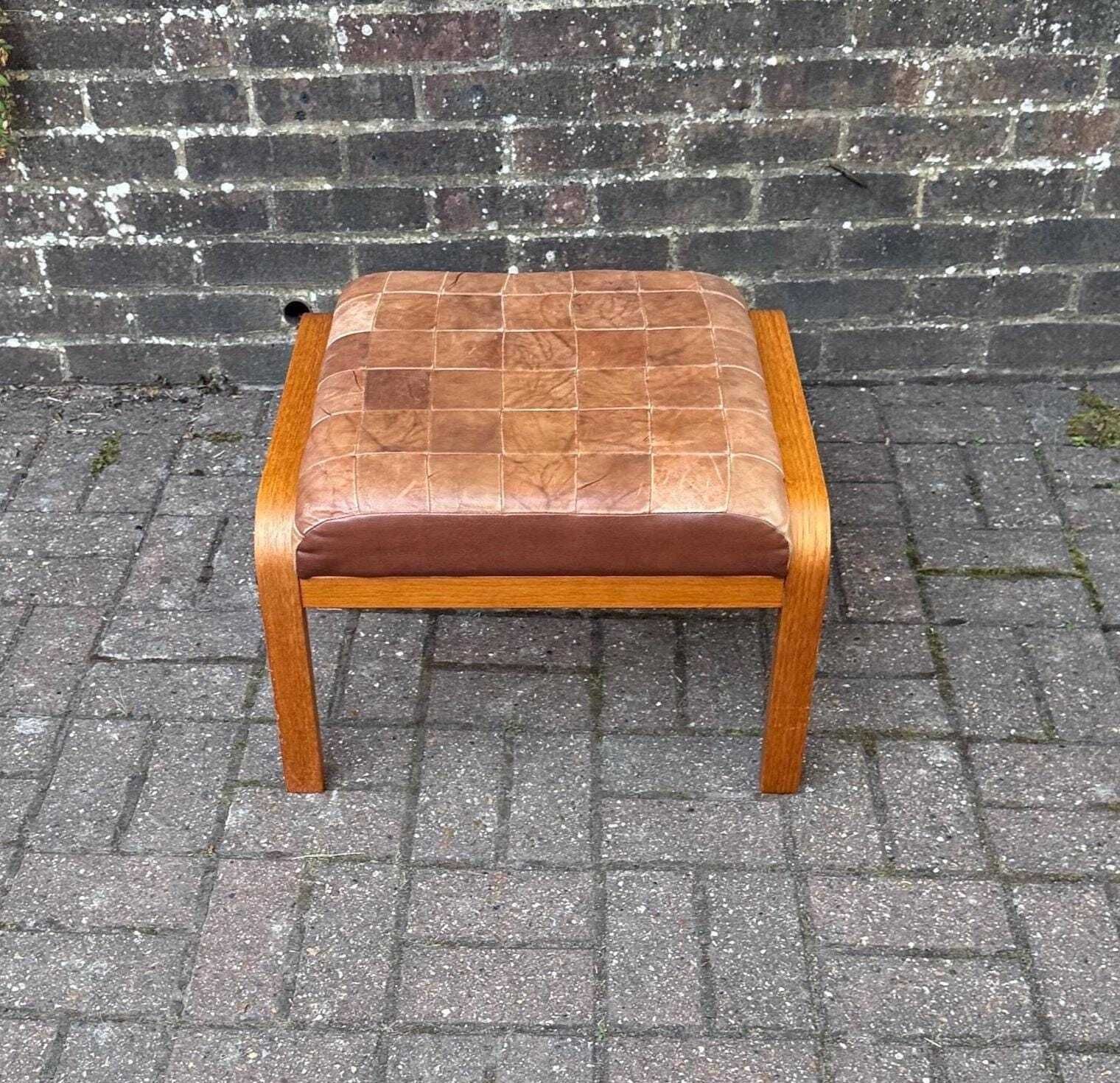 Vintage Danish Style Leather Footstool Mid Century Scandinavian Ottoman Retro Stool Mcm Foot Rest Bentwood Seat