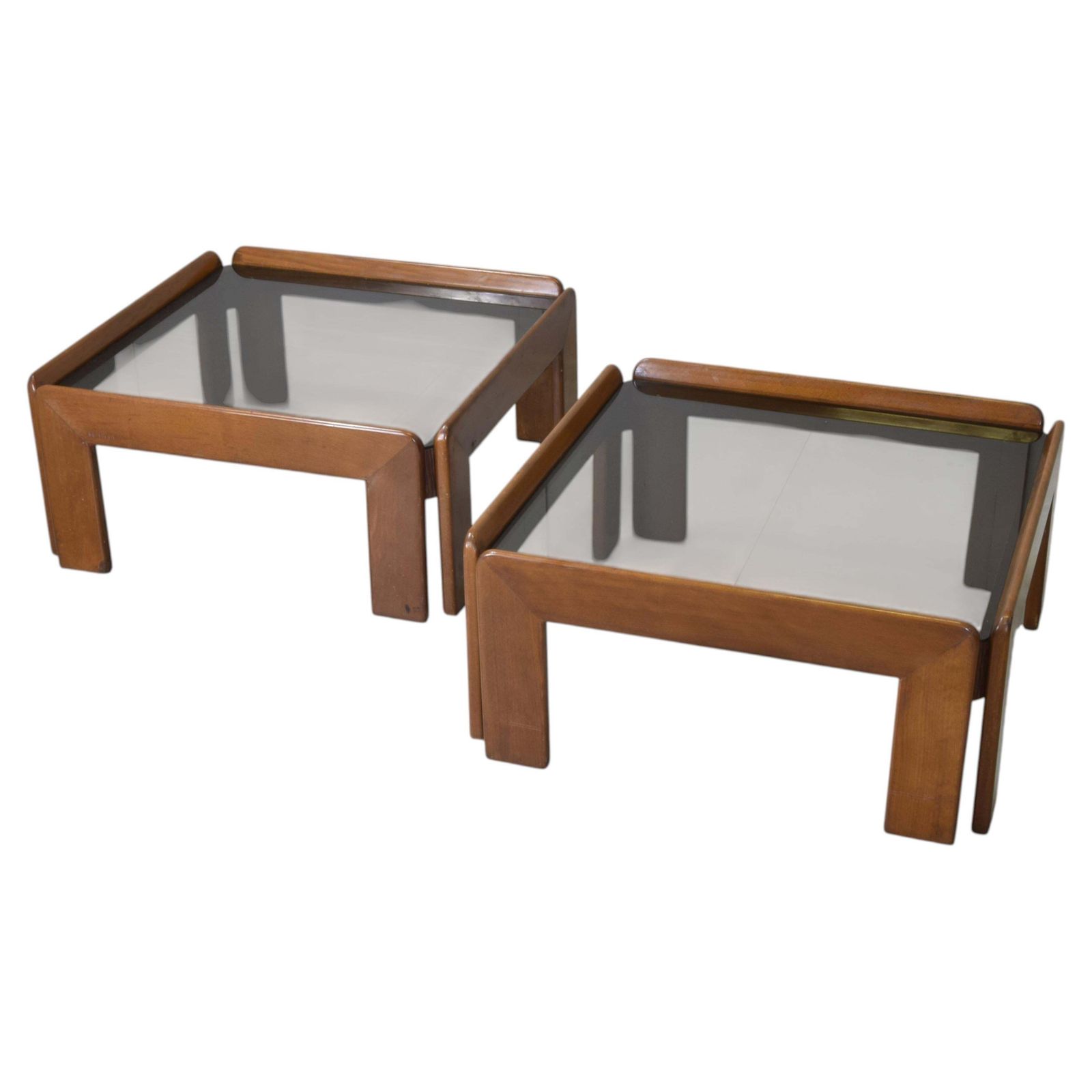 Afra & Tobia Scarpa For Cassina   Pair Of Walnut And Smoked Glass Coffee Tables