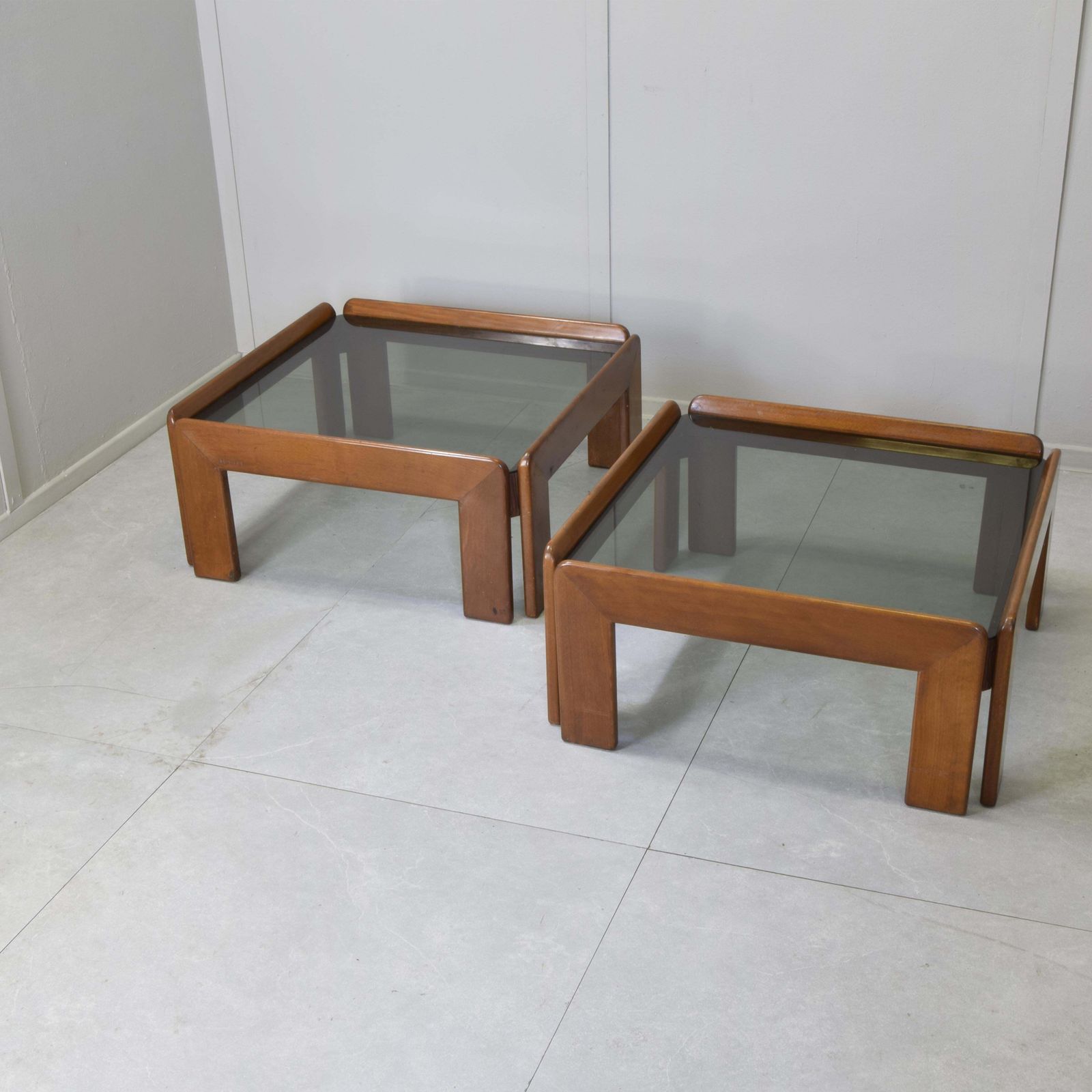 Afra & Tobia Scarpa For Cassina   Pair Of Walnut And Smoked Glass Coffee Tables photo 2251.0
