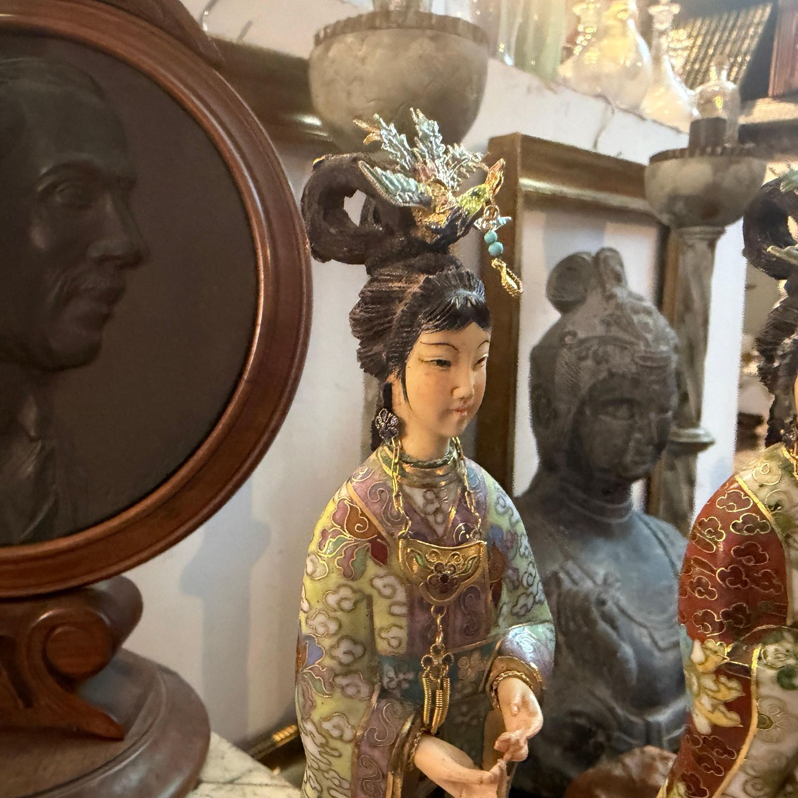 Two 1960s Chinese Export Cloisonnè Traditional Figures Of Woman photo for sale