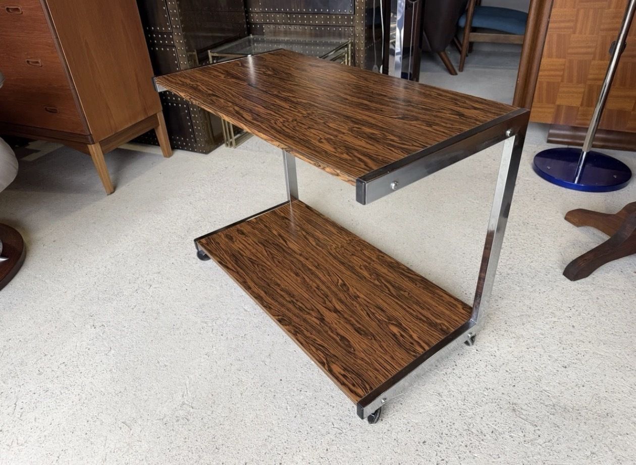 Mid Century Danish Style Chrome And Wooden Drink Trolley