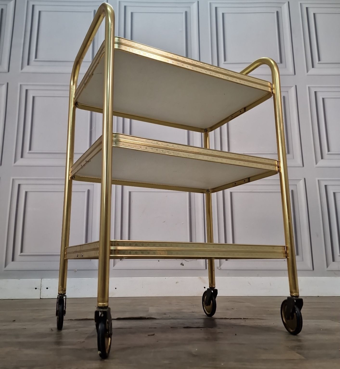 Vintage Drinks Tea Trolley Gold Metal Marble Effect Retro 3 Tier Serving Cart photo for sale