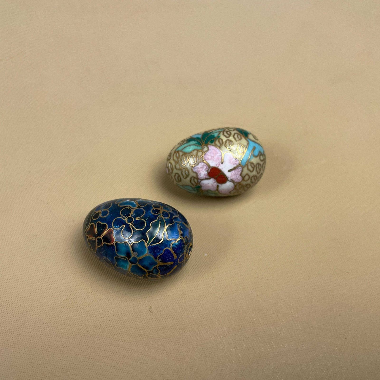 Cloisonne Decorative Eggs Pair Mini Hand Painted Floral Blue Gold Ornaments For Shelf Bowl Display
