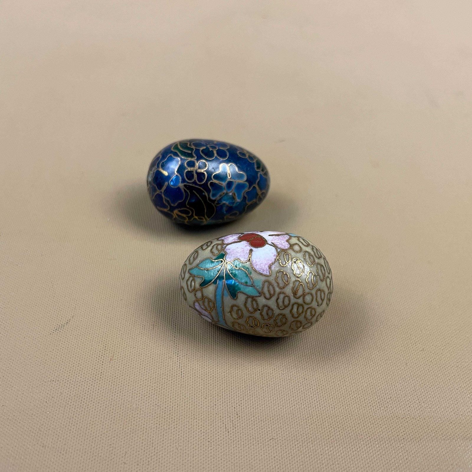 Cloisonne Decorative Eggs Pair Mini Hand Painted Floral Blue Gold Ornaments For Shelf Bowl Display photo Home Decor
