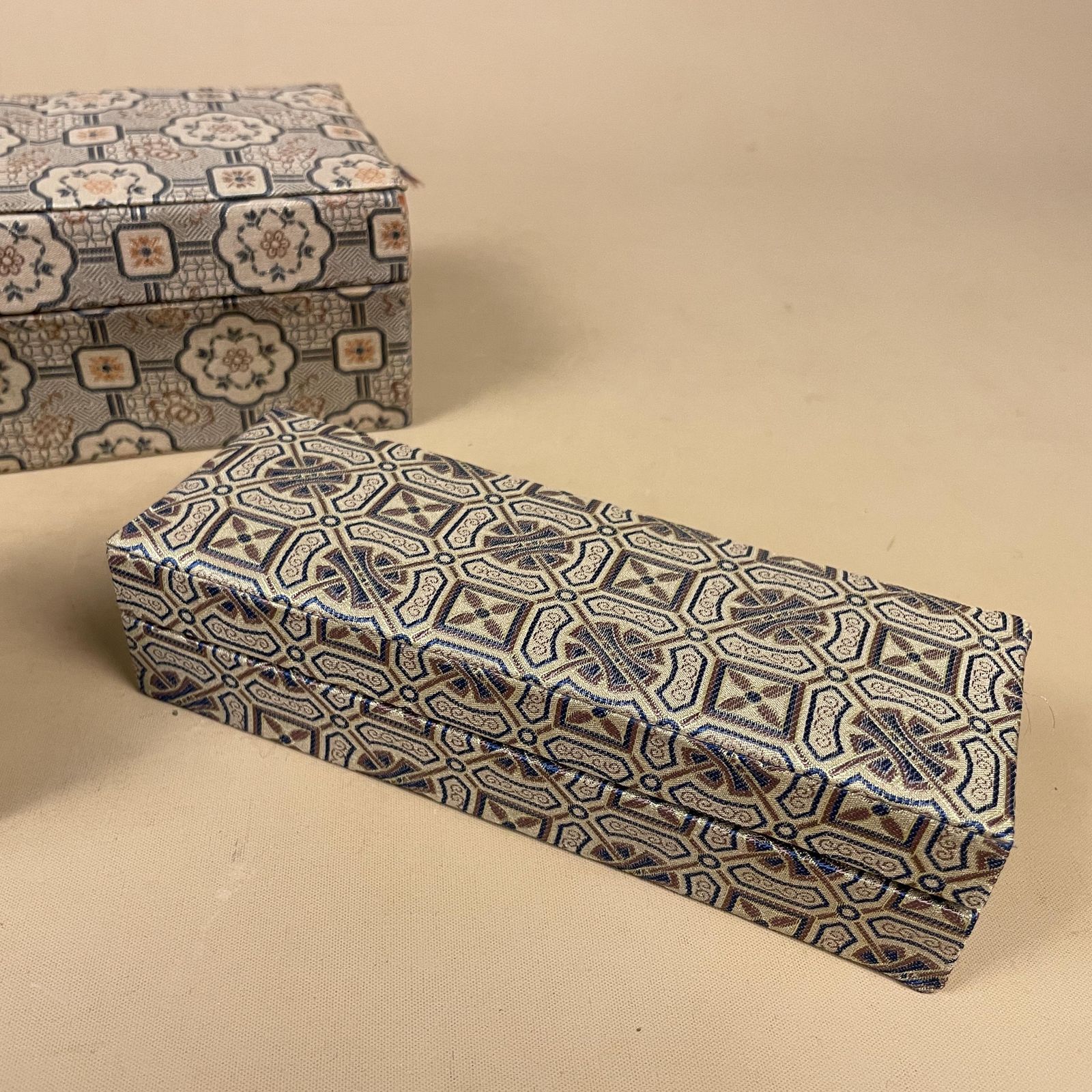 Oriental Fabric Storage Boxes Set Of 3 Rectangular Keepsake Boxes Blue Lined Asian Geometric Patterned Print Dressing Table Accent photo furniture