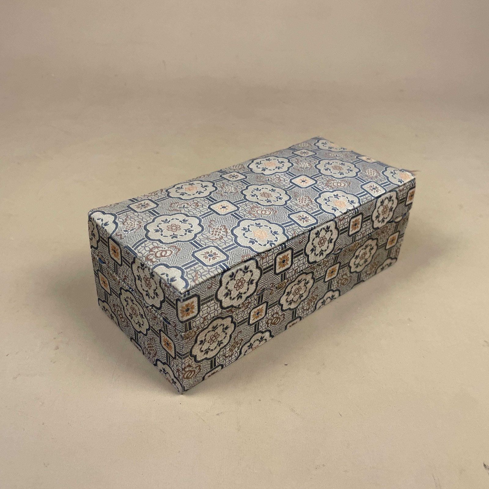 Oriental Fabric Storage Boxes Set Of 3 Rectangular Keepsake Boxes Blue Lined Asian Geometric Patterned Print Dressing Table Accent photo vintage