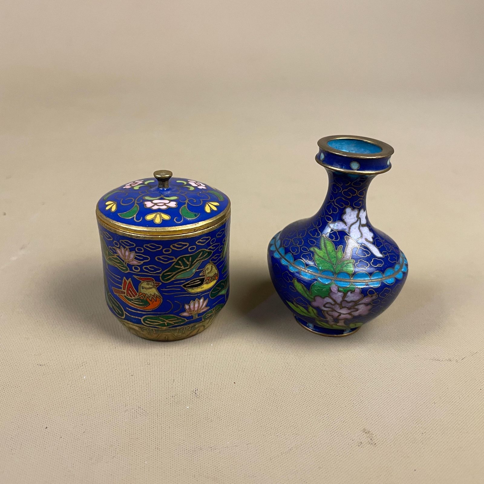 Chinese Cloisonne Enamel Pots Pair Blue Floral Lidded Jar And Vase Oriental Decor Small Collectible Display For Shelf