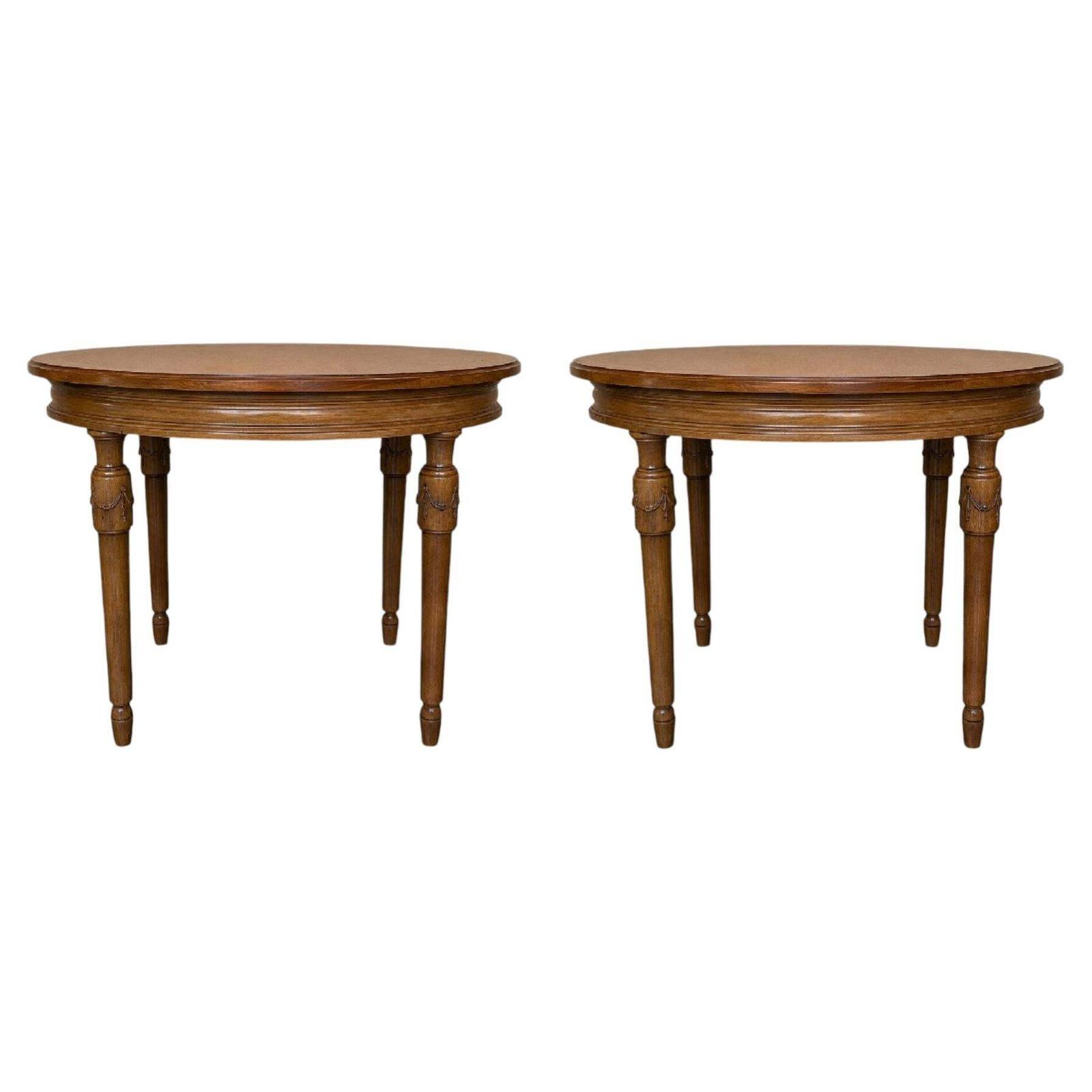 Pair Of Classic Round Walnut Wood Tables With Carved Legs
