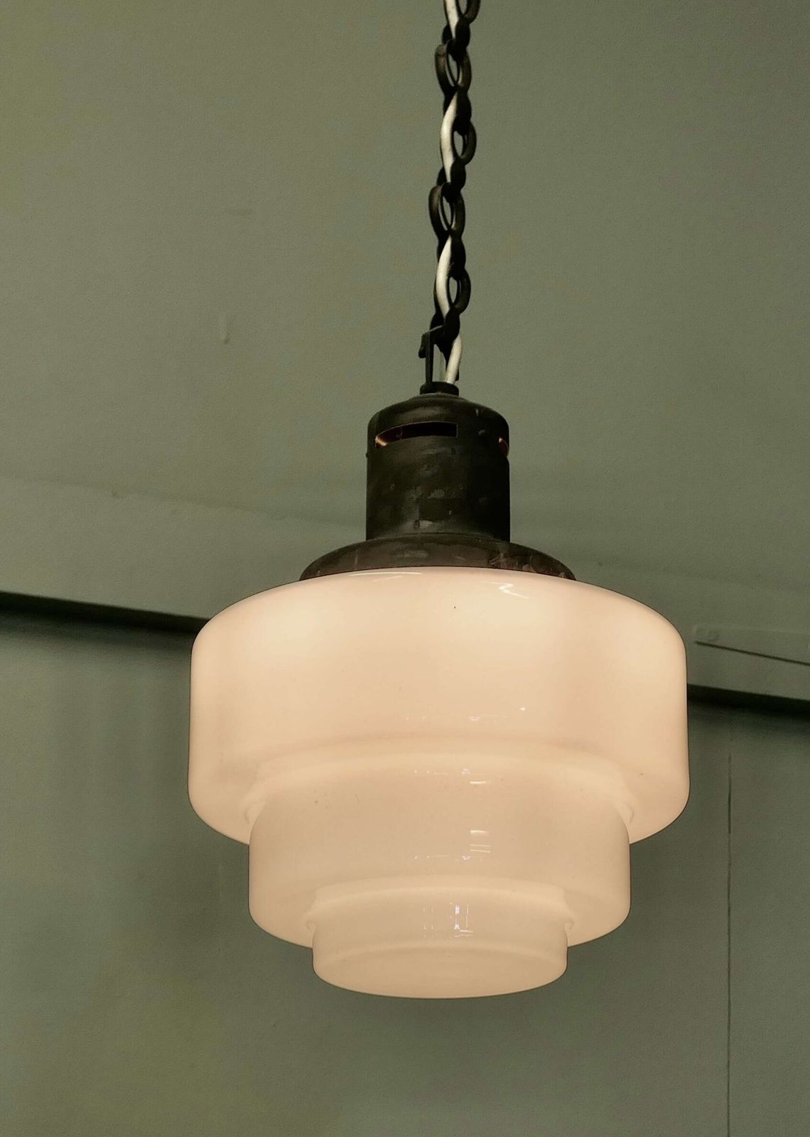 Odeon Industrial Style Opalescent Hanging Light Shade A Stylish Art Deco Light Shade photo for sale