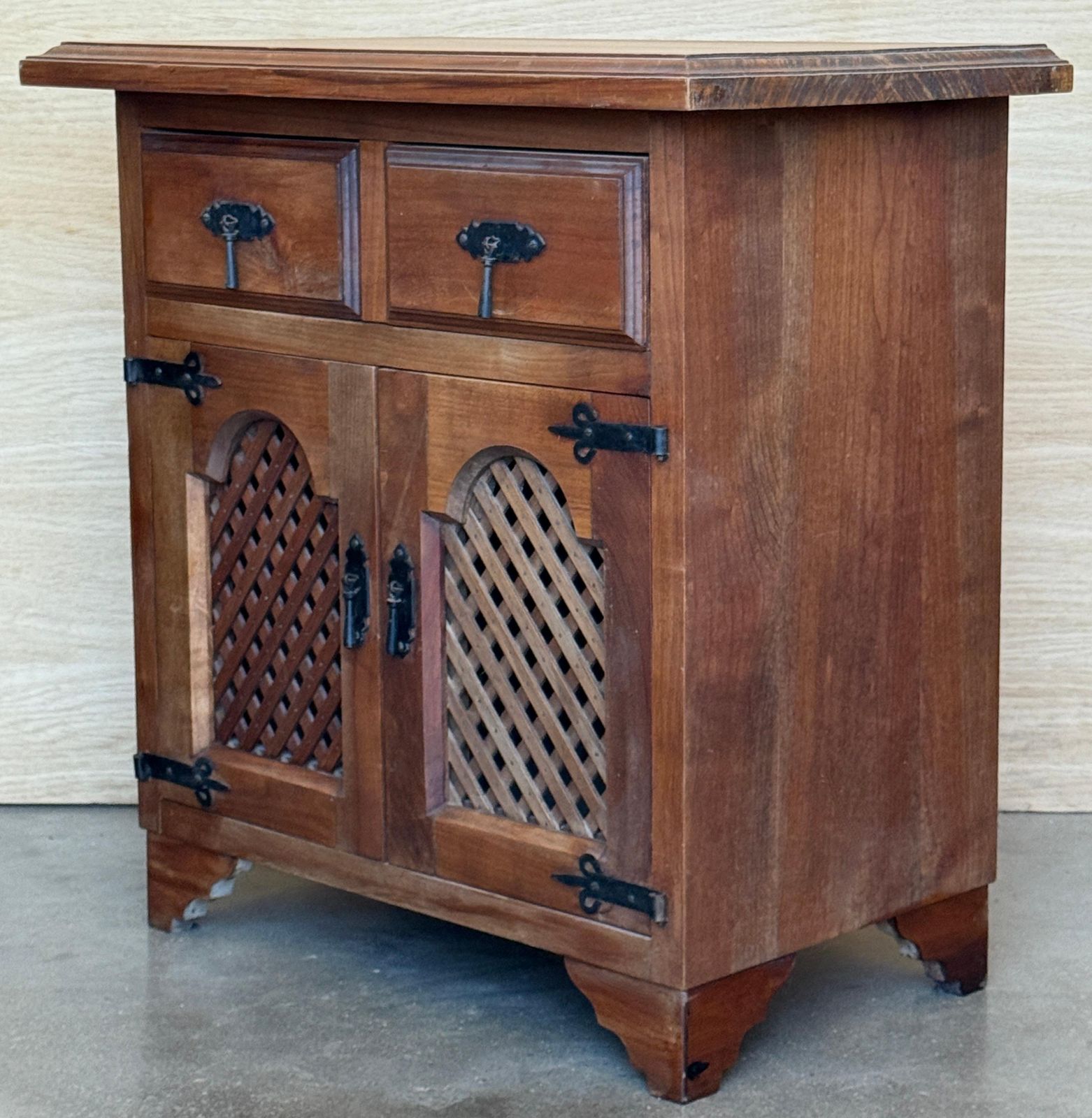 Pair Of Antique Rustic Solid Wood Bedside Tables With Wrought Iron Details photo buy