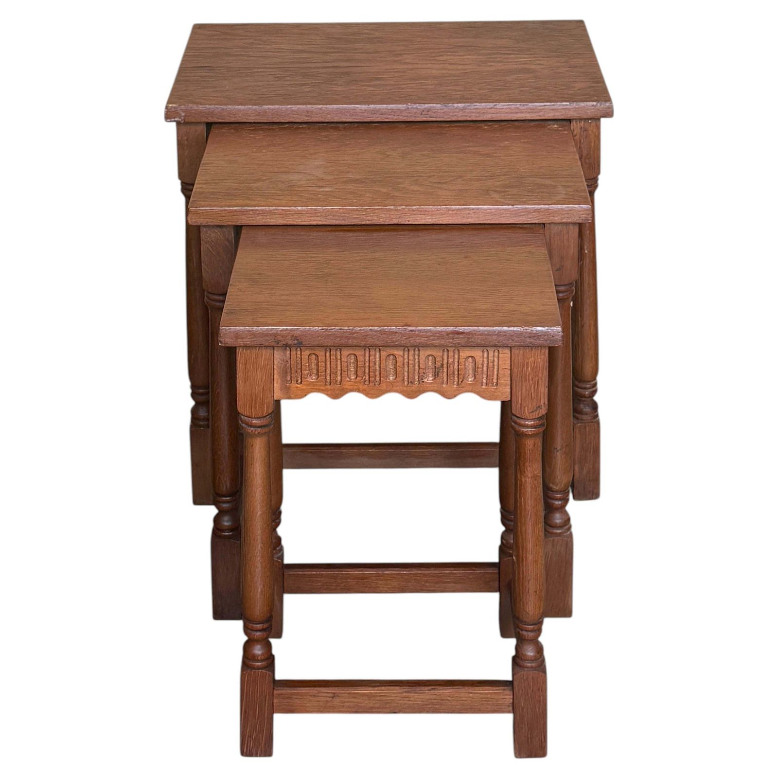 Antique Nesting Tables Made Of Solid Wood With Turned Legs And Handcrafted Details