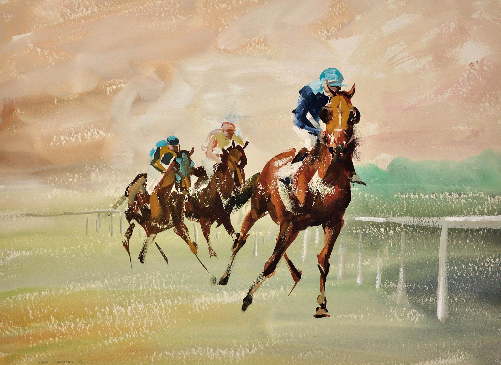 John Rattenbury Skeaping 1901 To 1980. English. A Three Horse Race, 1963. Mid 20th Century Gouache & Watercolour Horse Racing Painting. photo furniture