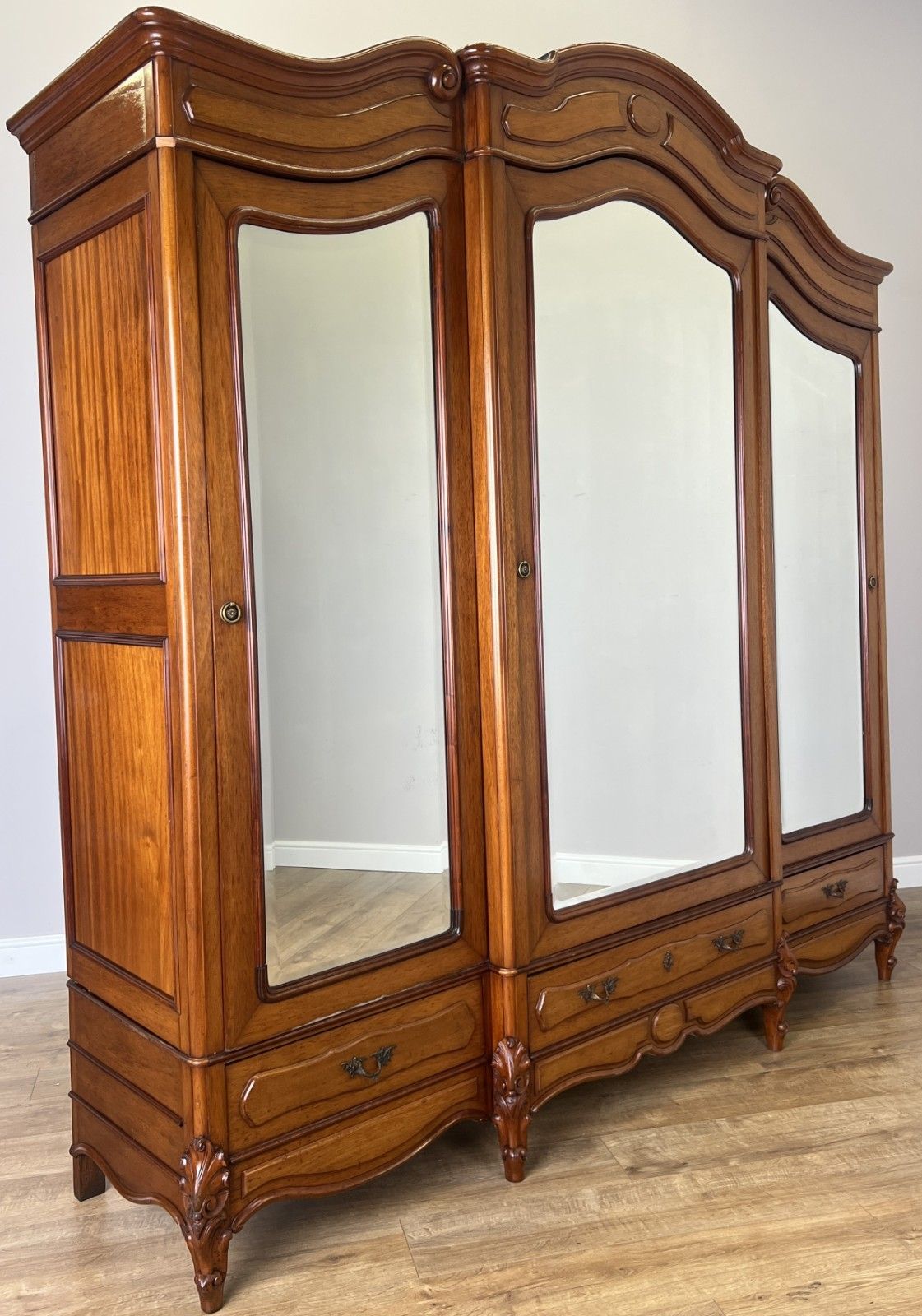 Wardrobe Antique French Mahogany Three Door Mirrored Carved Armoire Lot 6127 photo furniture