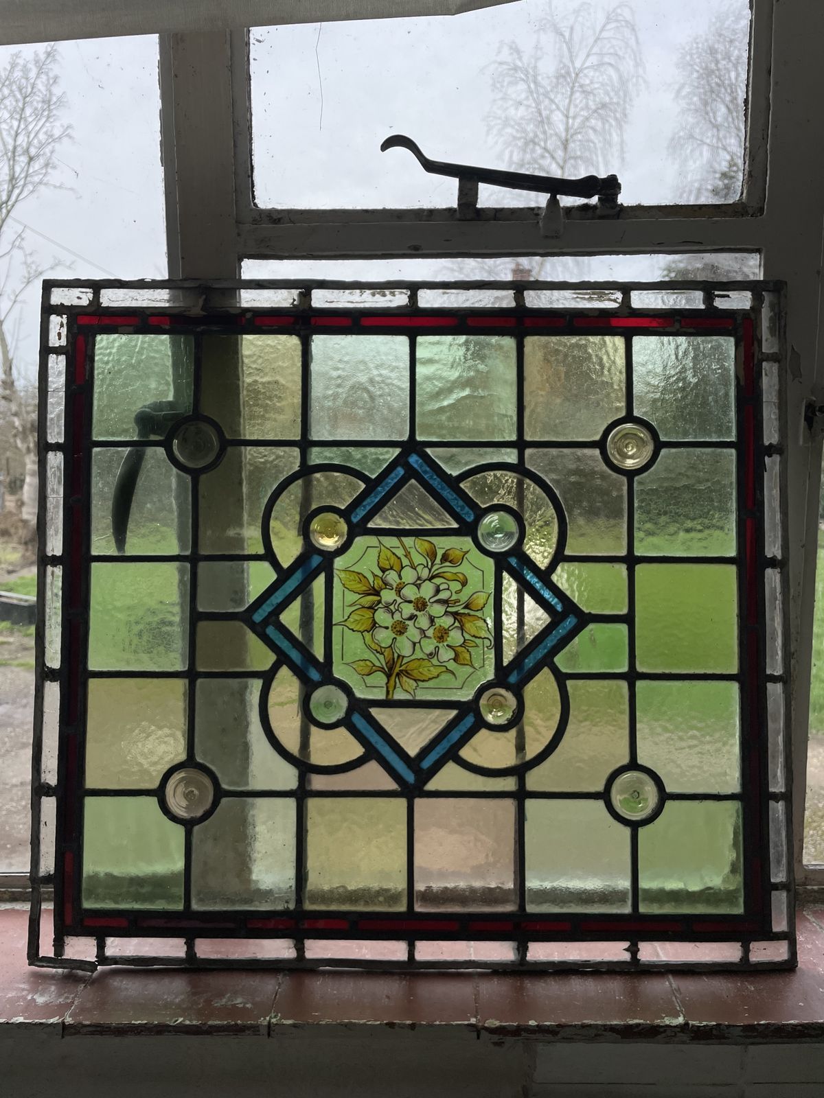 Antique Stained Glass Window Panel   Hand Painted Central Floral Pattern C.1890 photo furniture