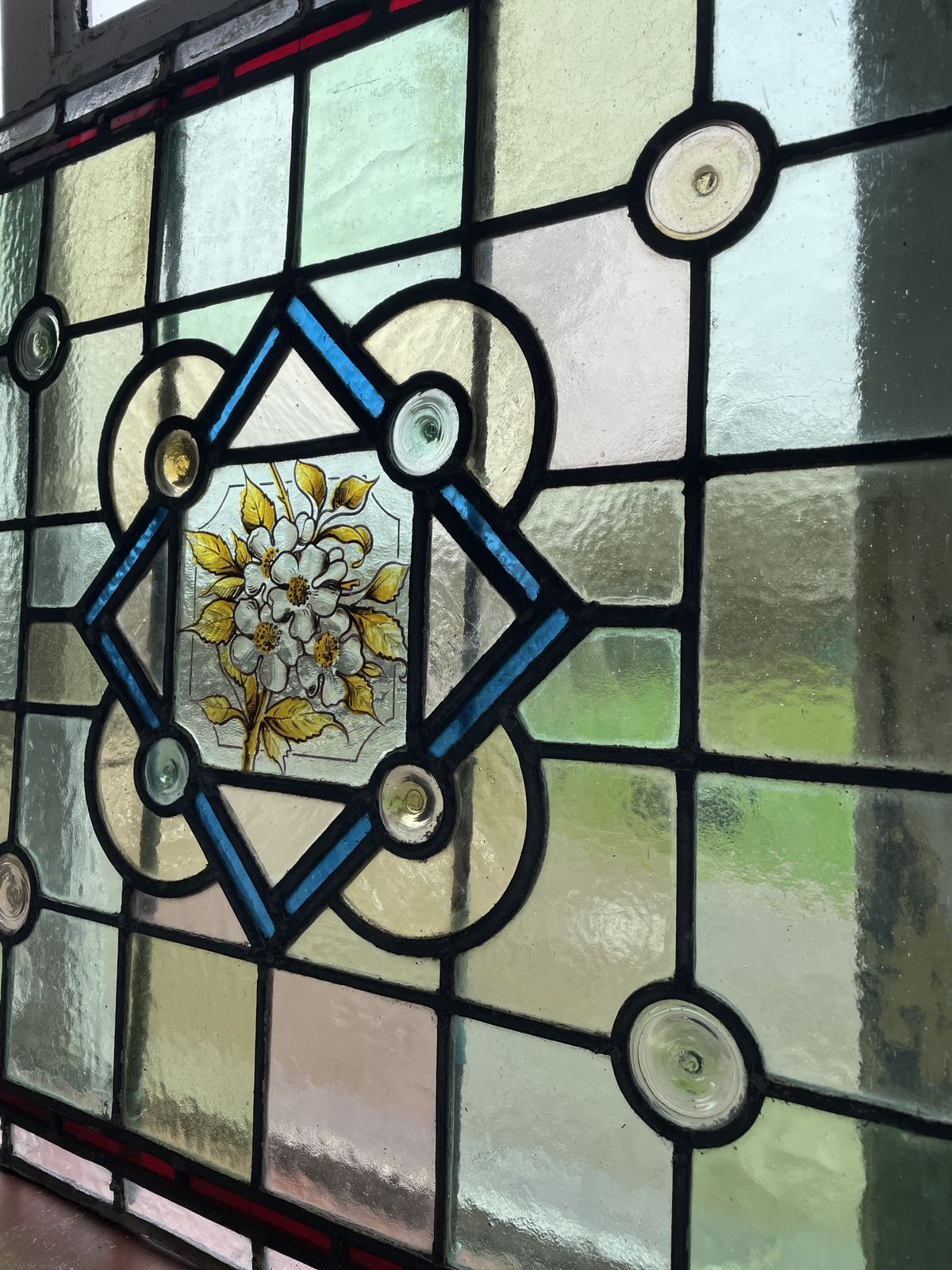Antique Stained Glass Window Panel   Hand Painted Central Floral Pattern C.1890 photo for sale