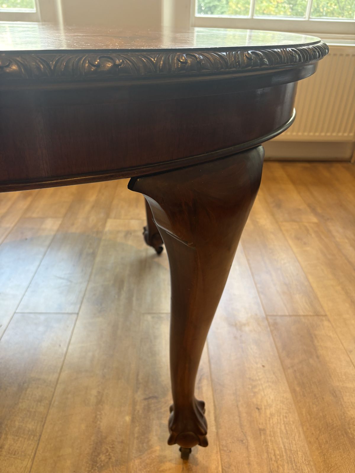 Antique Mahogany Oval Dining Table + 4 Chairs | Queen Anne Style | Paw Feet With Castors photo for sale