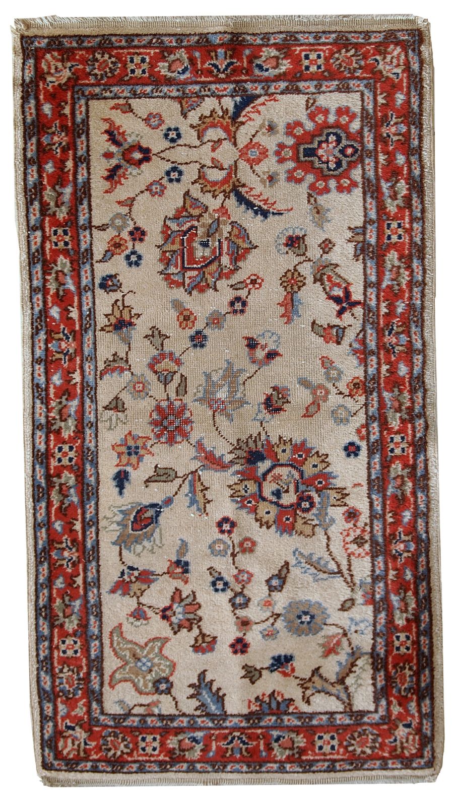 Tapis vintage Lahore pakistanais fait main en laine, 2,5' x 4,6', années 1950, beige, marine, rouge