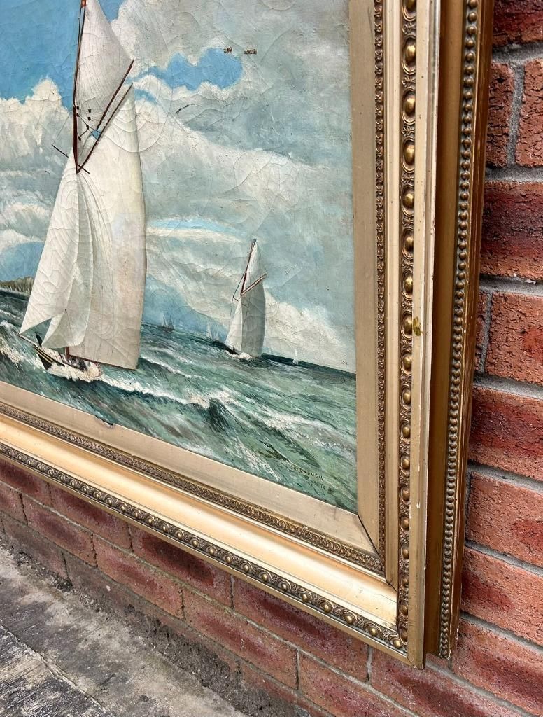 John Greenough American 19th Century Sailing Ship Boats Oil On Canvas Painting photo vintage