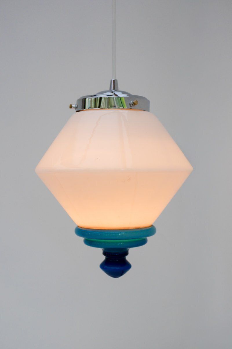 Scandinavisch Art Deco Melkglas Hanglamp Met Azuurblauwe Details, Jaren 1930