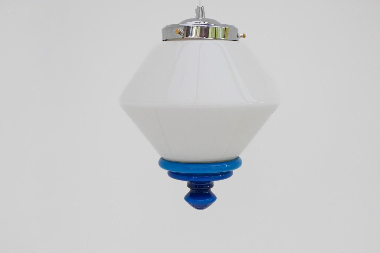 Scandinavian Art Deco Milk Glass Pendant Light With Azure Blue Details, 1930s photo vintage