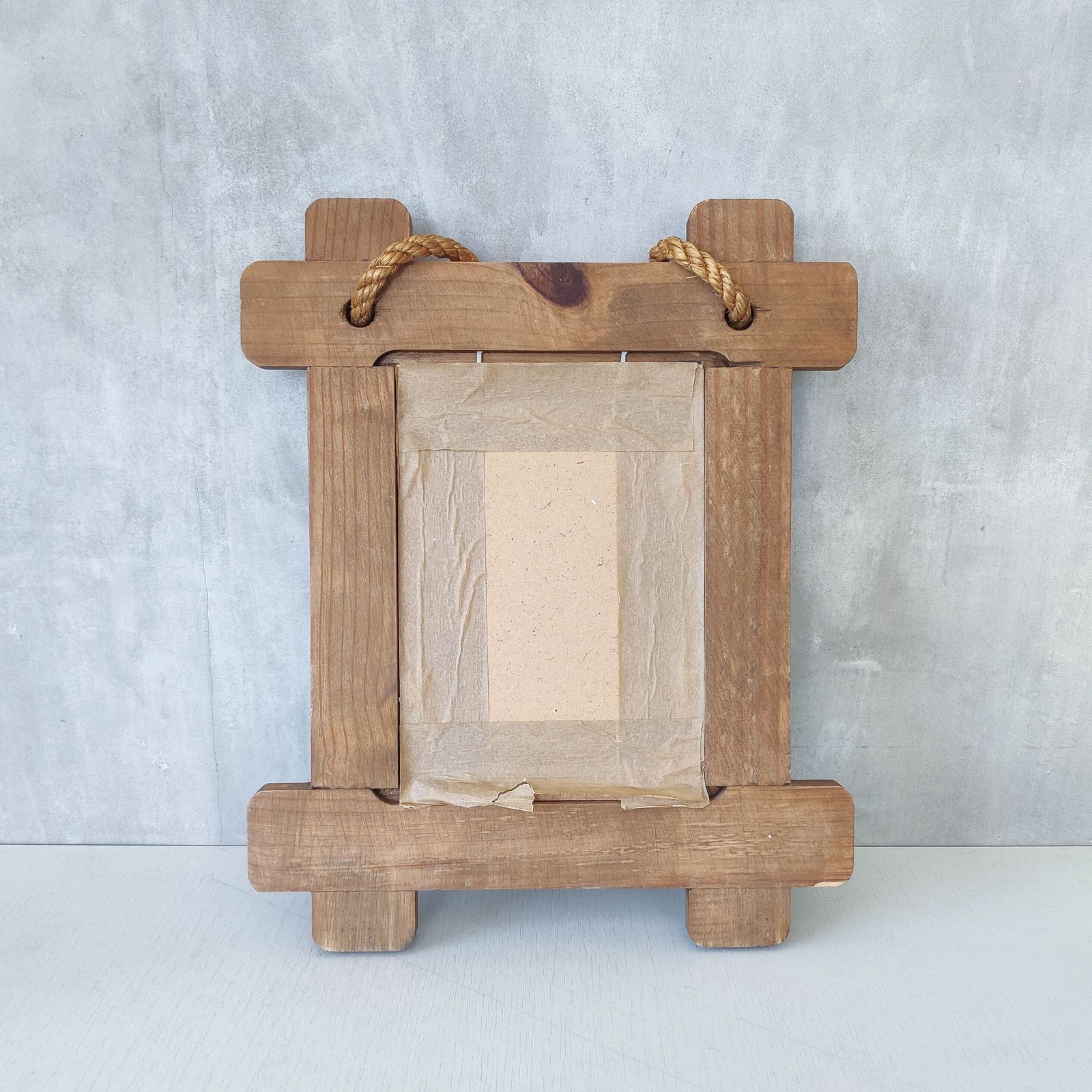 A Vintage Chunky Pine Cross Corner Oxford Frame Mirror With Knotted Rope photo vintage