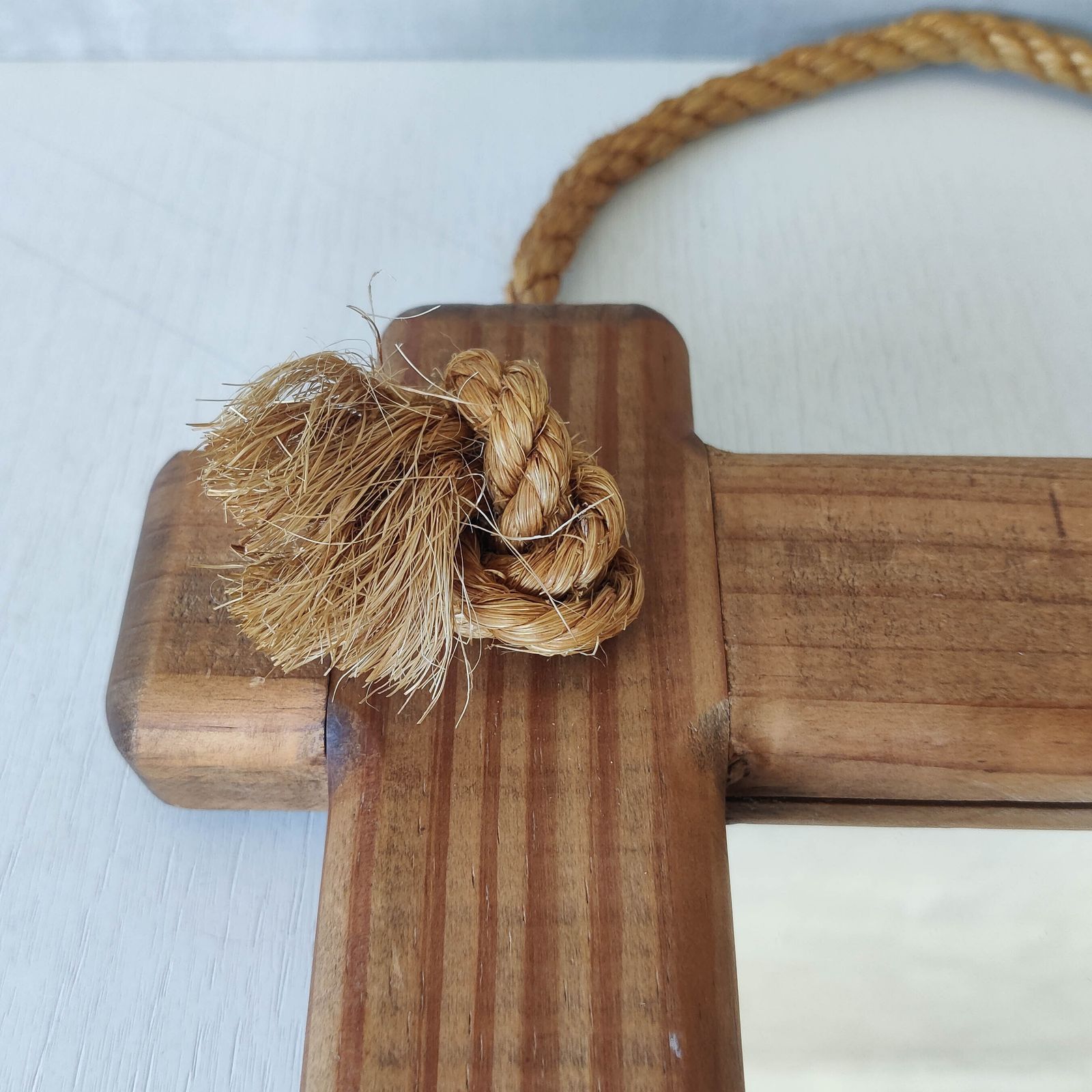 photo for sale A Vintage Chunky Pine Cross Corner Oxford Frame Mirror With Knotted Rope