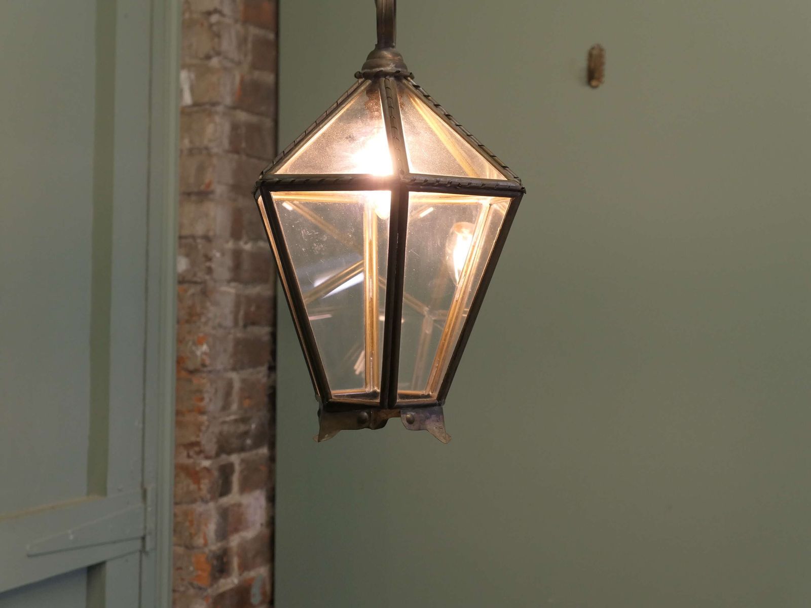 Arts And Crafts Brass & Glass Hall Lantern A Lovely Age Darkened Brass Lantern photo for sale