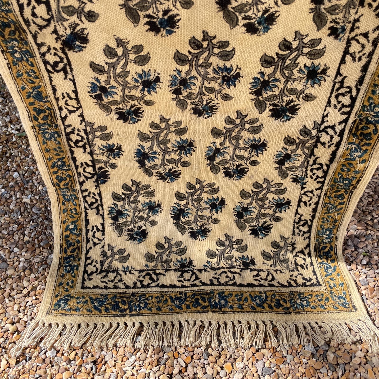 Hand Printed Floral Runner Rug Cream Pale Yellow Cotton Indian Block Print Long Hallway Rug Vintage Accent Entryway Hallway photo furniture