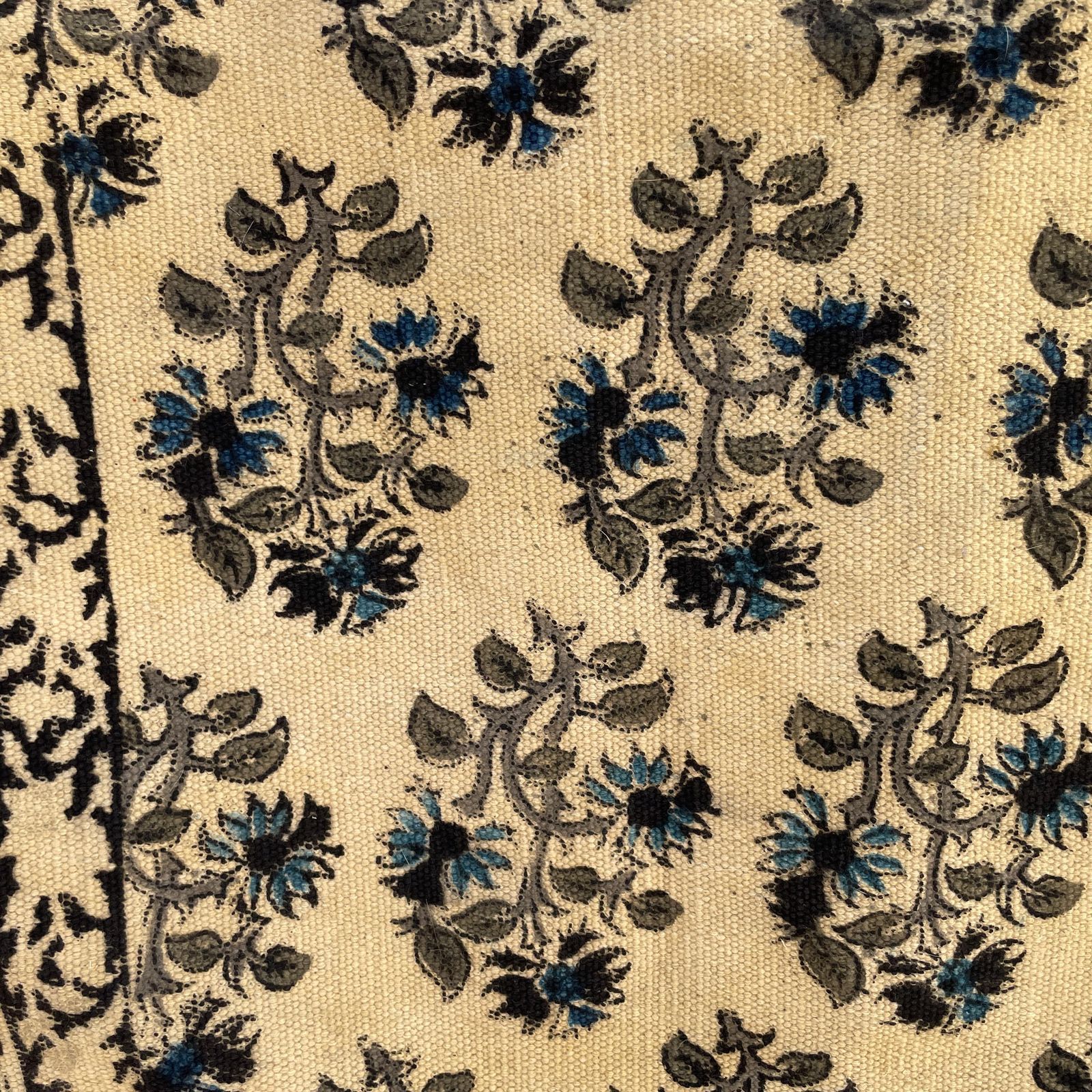 Hand Printed Floral Runner Rug Cream Pale Yellow Cotton Indian Block Print Long Hallway Rug Vintage Accent Entryway Hallway photo vintage