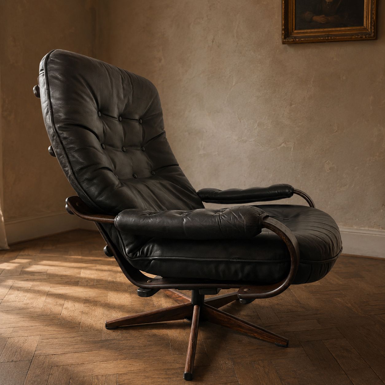 Scandinavische stijl zwartleren draaifauteuil met gebogen houten frame, jaren 1970 photo vinterior