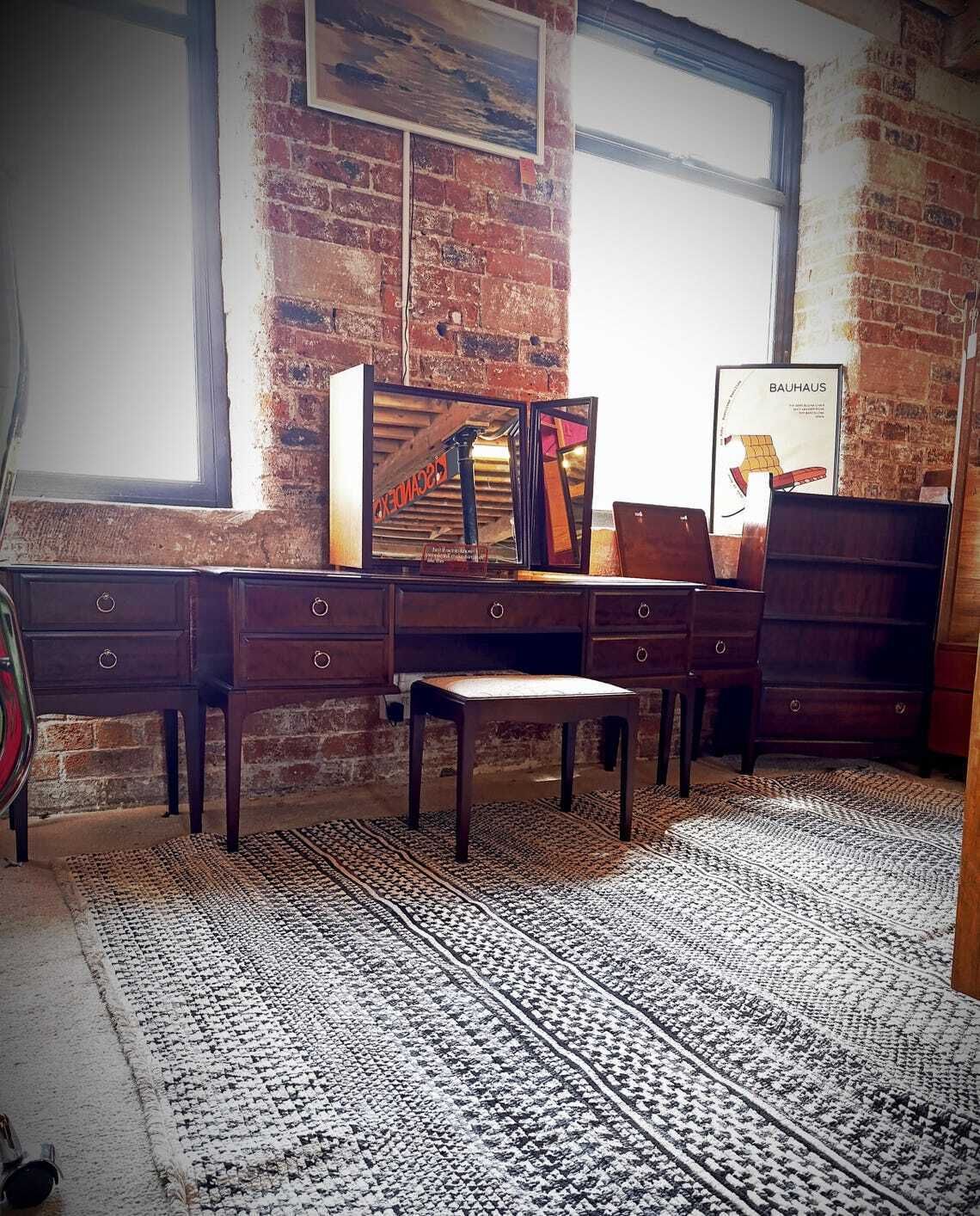 1960s Stag Minstrel Makoré Dressing Table With Triple Mirror And Stool