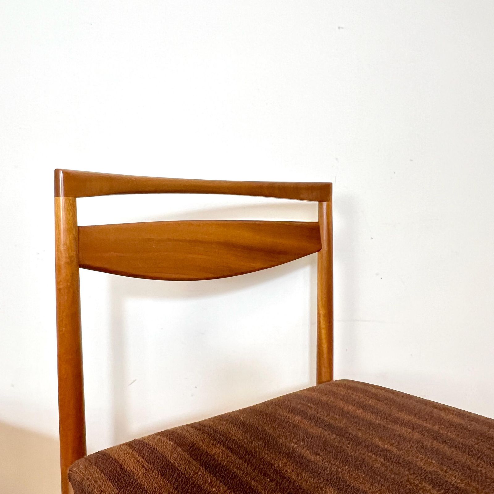 A Pair Of Mid Century McIntosh Teak Dining Chairs, Brown Boucle Upholstery photo for sale