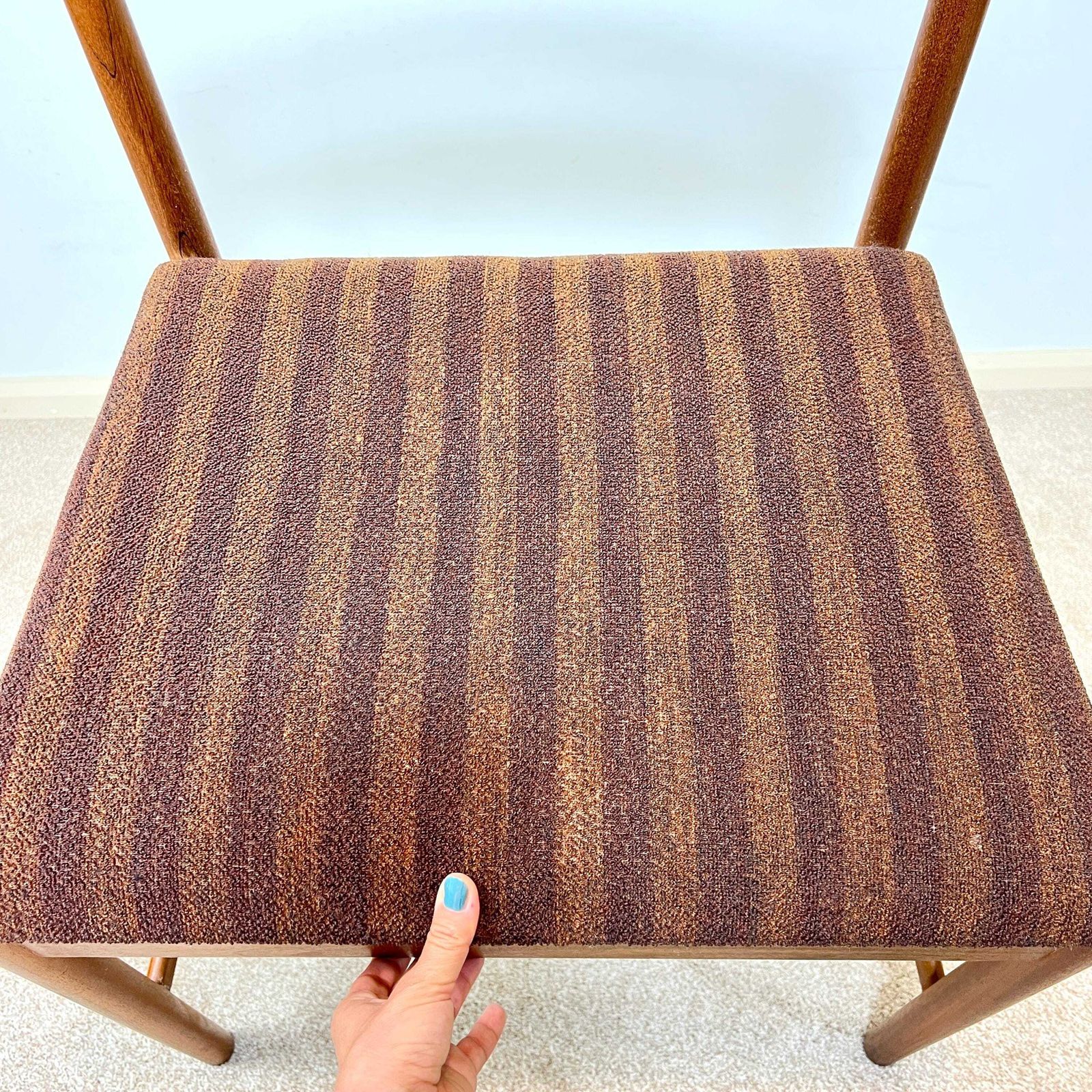 photo furniture A Pair Of Mid Century McIntosh Teak Dining Chairs, Brown Boucle Upholstery
